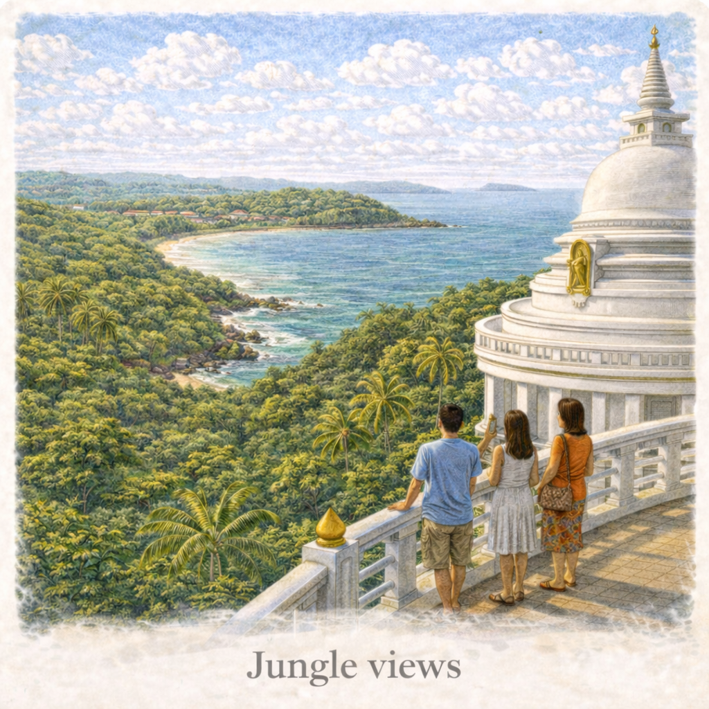 Japanese Peace Pagoda Unawatuna Sri Lanka jungle view panoramic coastal temple
