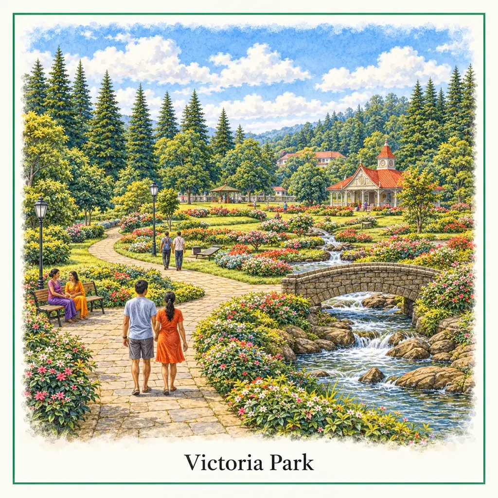 Watercolour postcard of Victoria Park Nuwara Eliya Sri Lanka gardens flowers colonial park relaxing