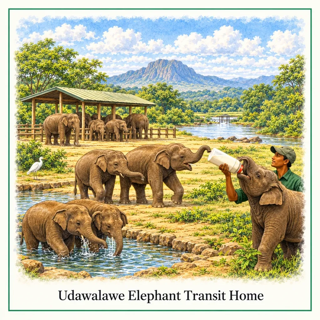 Watercolour postcard of Udawalawe Elephant Transit Home Sri Lanka baby elephants feeding conservation center