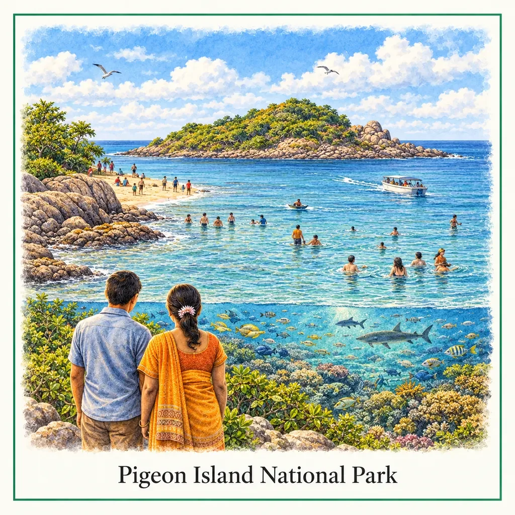 Watercolour postcard of Pigeon Island National Park Sri Lanka snorkeling coral reef fish clear water