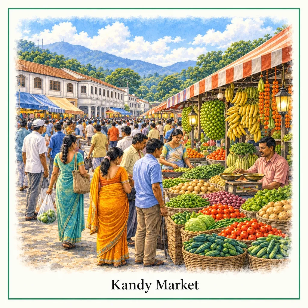 Watercolour postcard of Kandy market Sri Lanka local food market fruits vegetables street life travel experience