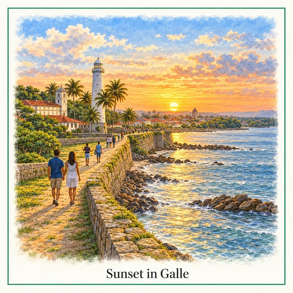 Watercolour postcard of Galle Fort sunset Sri Lanka ocean view golden hour coastal walk romantic travel moment