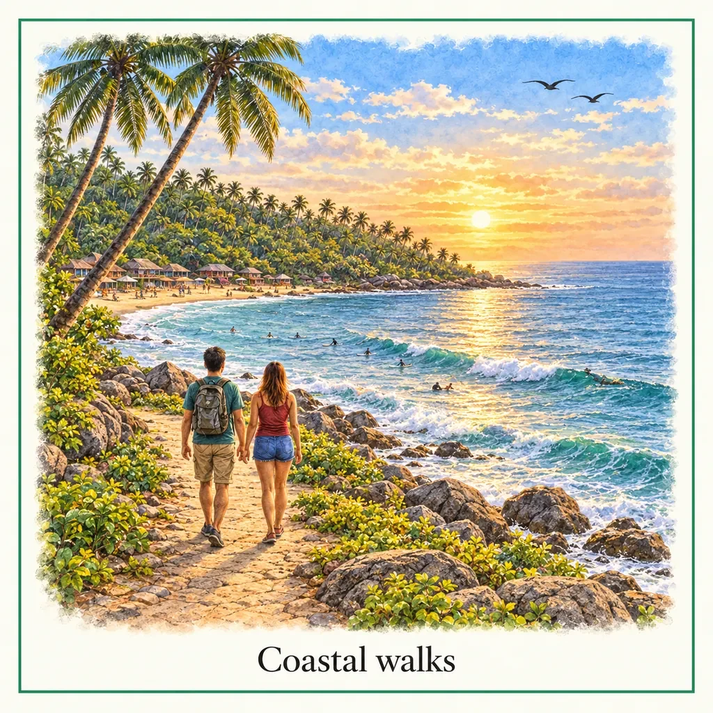 Watercolour postcard of Hiriketiya coastal walks Sri Lanka scenic coastline beach trail sunset views things to do
