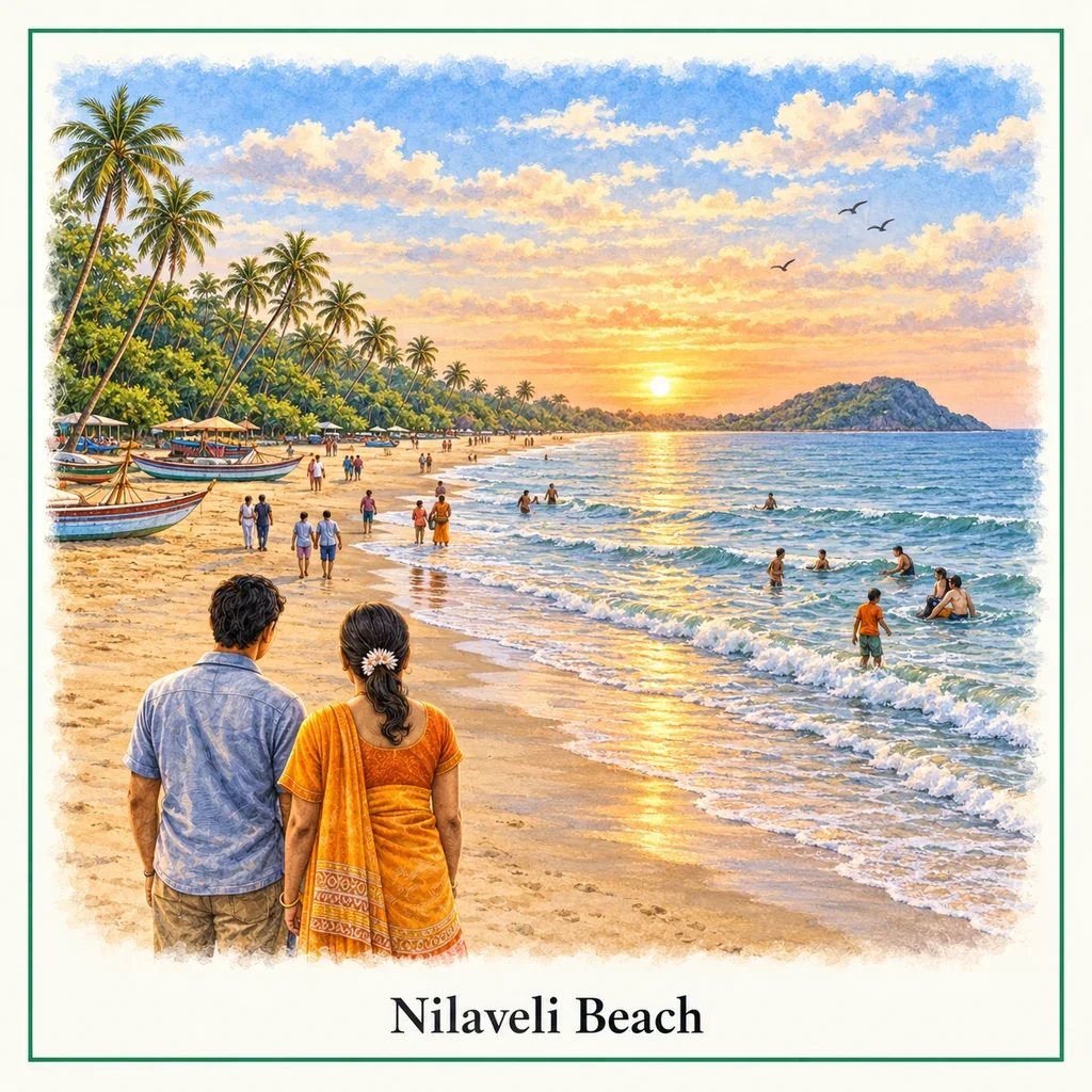 Watercolour postcard of Nilaveli Beach Trincomalee Sri Lanka white sand beach calm sea east coast