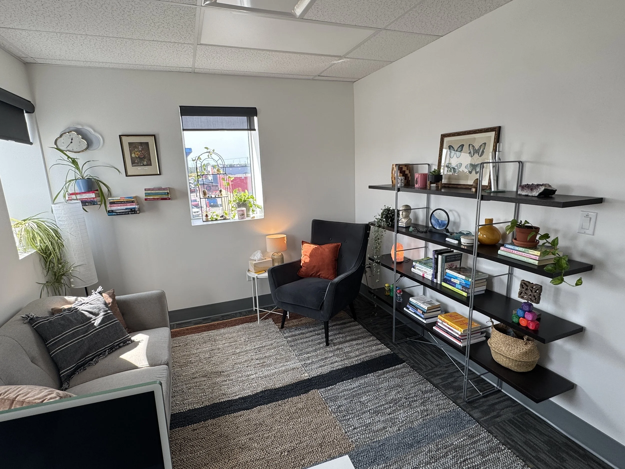 A cozy living room with a gray couch, black armchair with an orange pillow, and black bookshelf with decorative items and books. Two windows let in natural light, and there are potted plants and wall art.