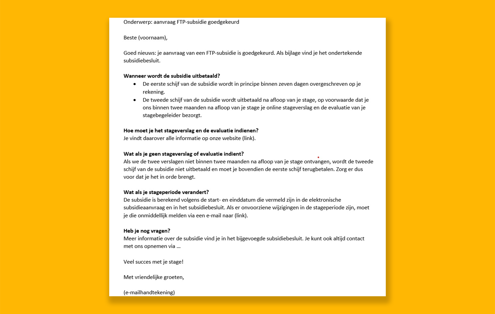 Voorbeeld van een duidelijke overheidsbrief over een goedgekeurde FTP-subsidie, met een heldere structuur, tussentitels en concrete instructies voor de ontvanger.