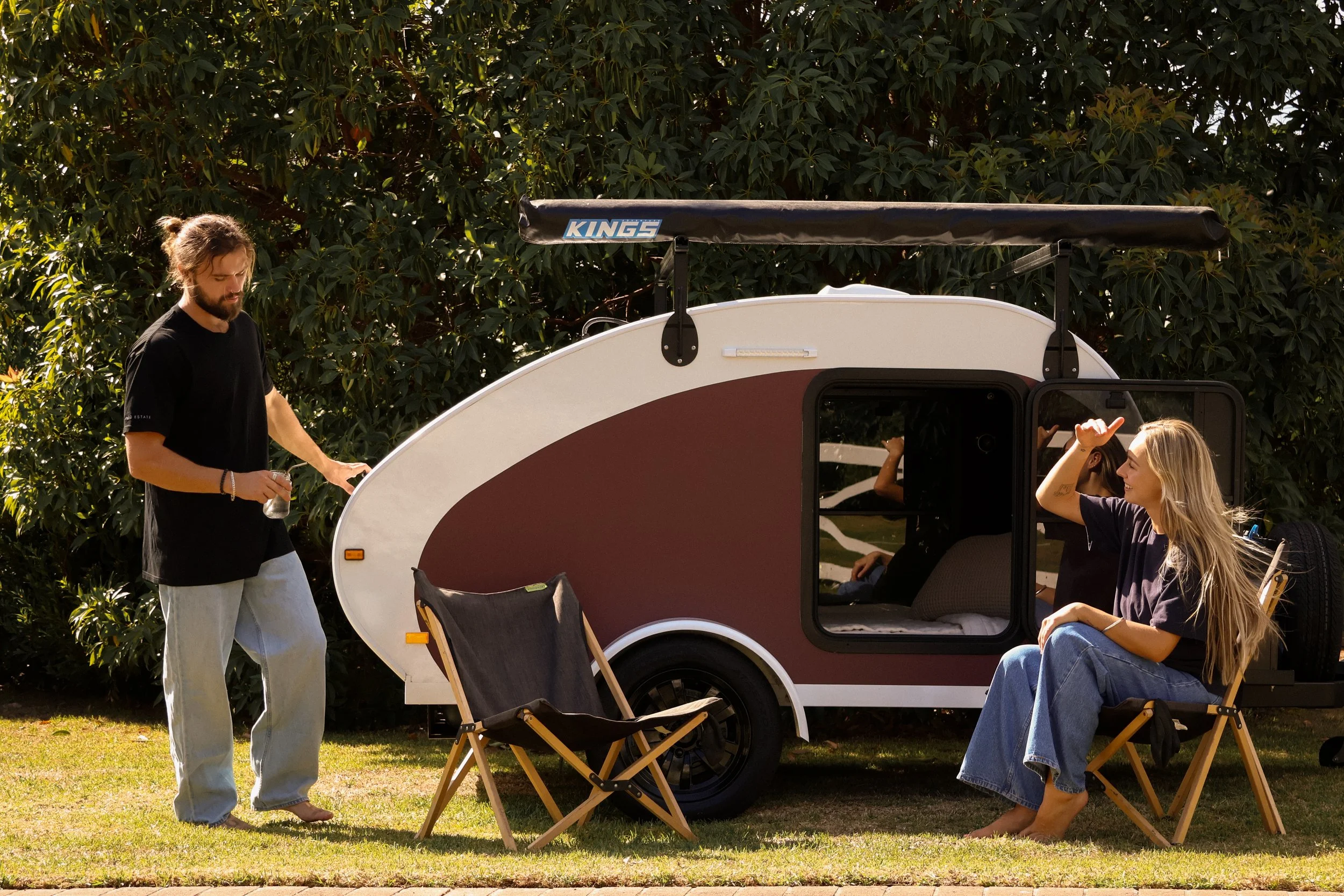 a couple enjoying the retro pod