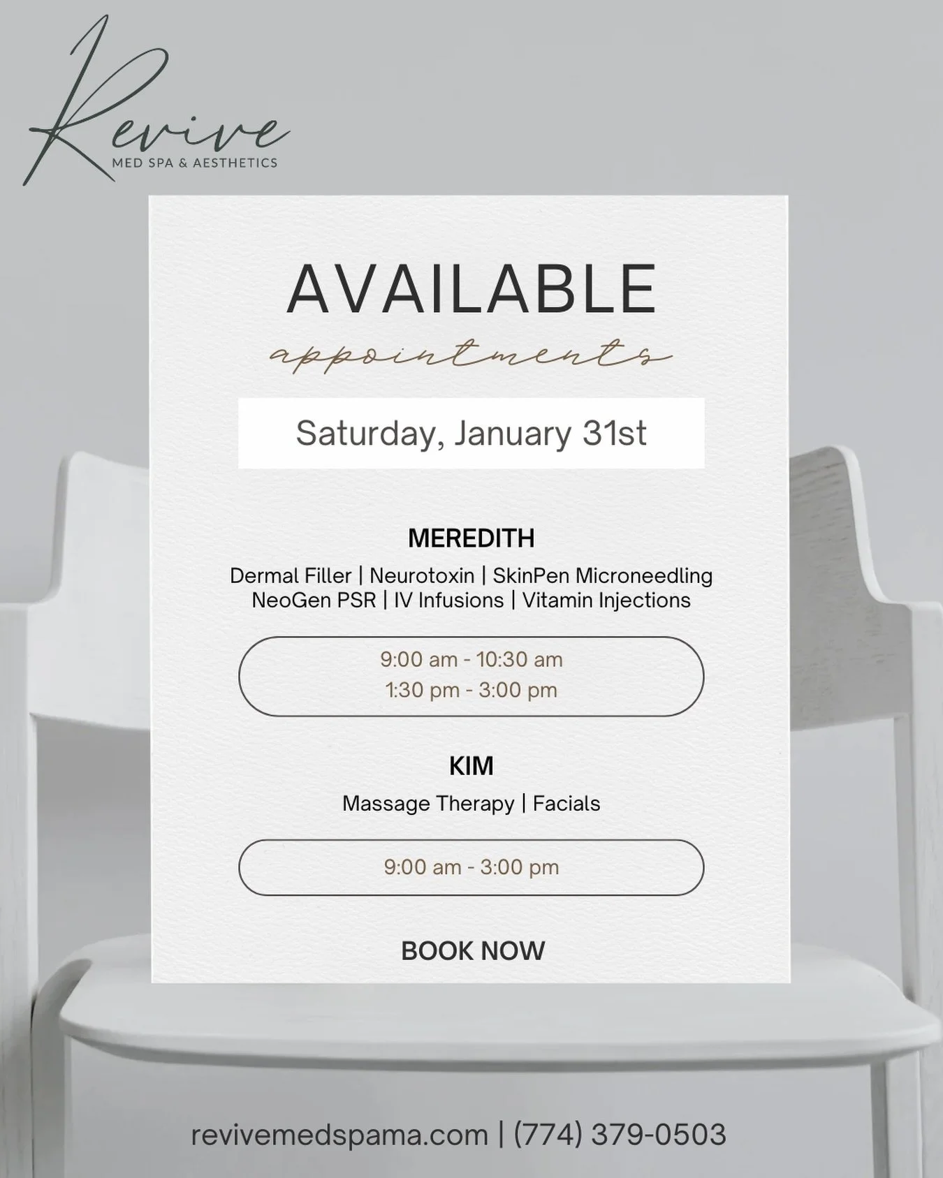 Amazing news!! We will now be open Saturdays for massages with Kim from 9-3! Meredith will be taking clients for this Saturday ONLY January 31st 9-3! There are a few openings left please DM or call us to book now 😍❤️