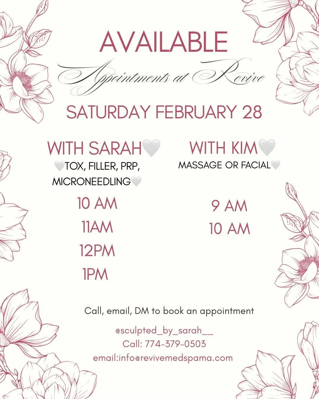 Saturday availability with Kim for facials or massages and with Sarah for tox, filler, PRP &amp; Microneedling! ❤️