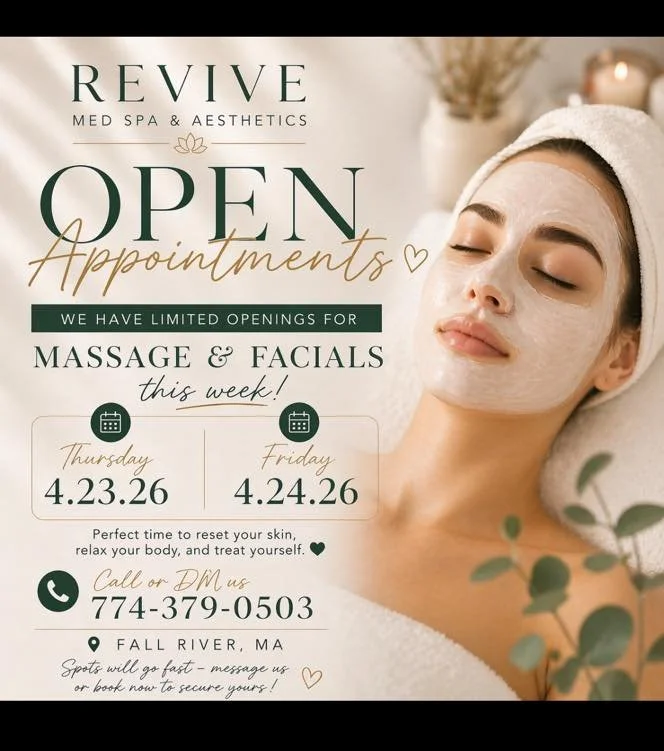 ✨ OPEN APPOINTMENTS WITH KIM ✨

We have limited openings for massage &amp; facials this week at Revive Med Spa and Aesthetics 💆&zwj;♀️🧖&zwj;♀️

📅 Thursday 4.23.26
📅 Friday 4.24.26

Perfect time to reset your skin, relax your body, and treat yours