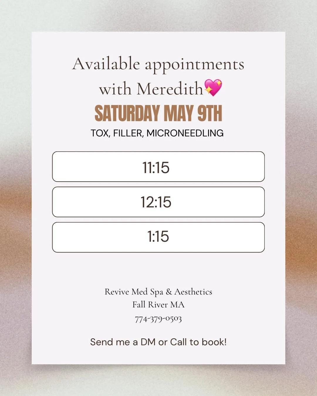 A few spots left for this Saturday with aestheticnursemeredith! This will be her last Saturday working for awhile!❤️