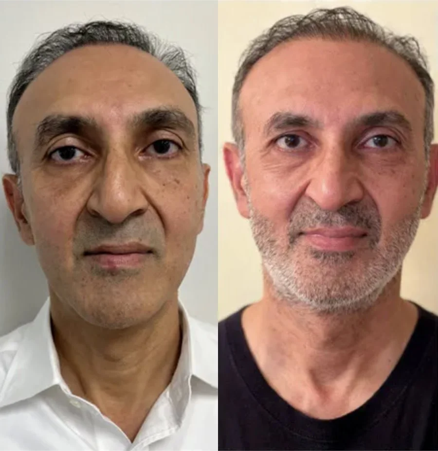 Side-by-side comparison of two middle-aged men, one with dark hair and eyes, wearing a white shirt, and the other with graying beard and hair, wearing a black shirt.