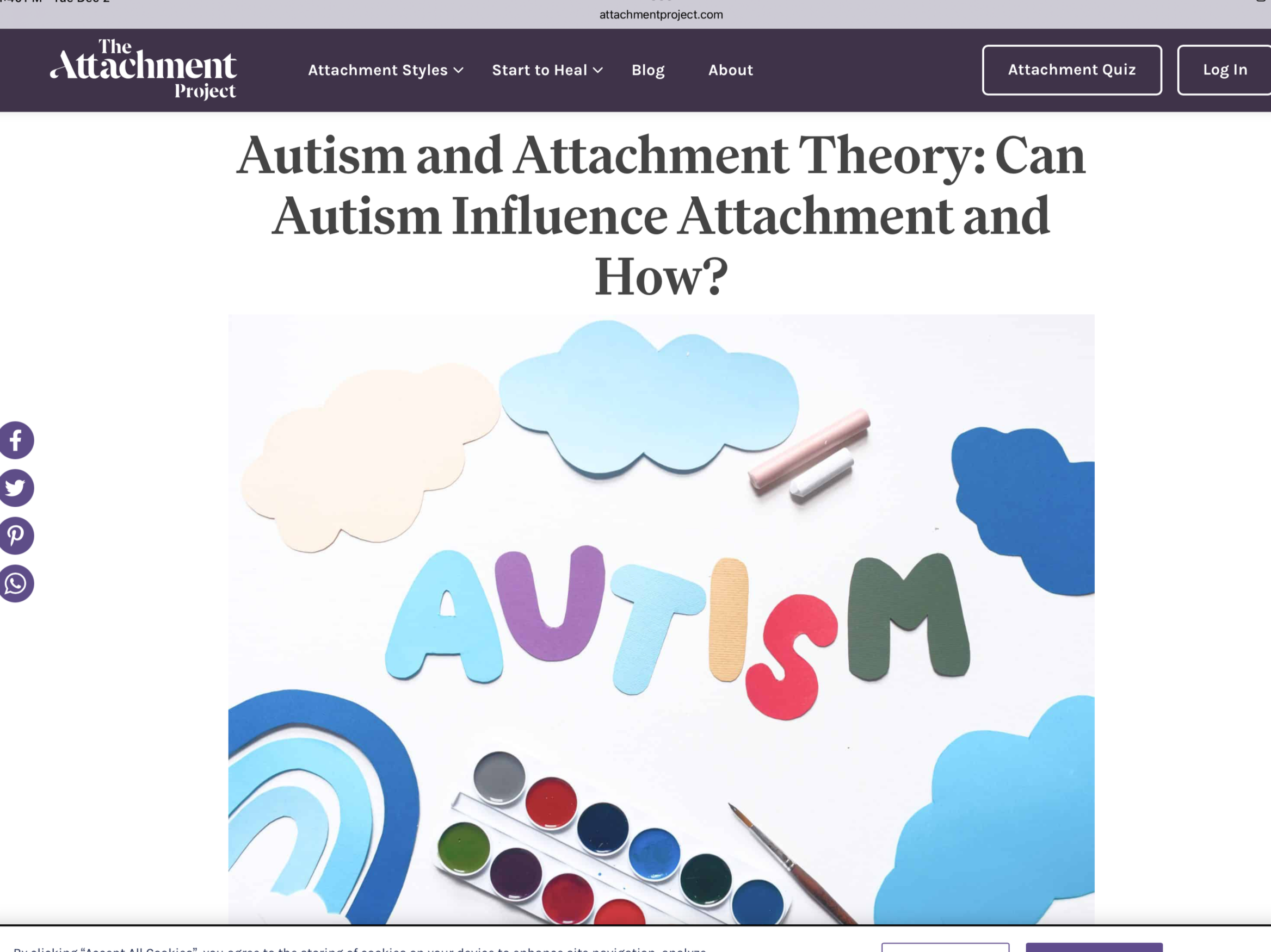 The webpage titled 'Autism and Attachment Theory: Can Autism Influence Attachment and How?' with colorful paper clouds, the word 'AUTISM' spelled out in multicolored foam letters, and art supplies such as watercolors and a paintbrush on a white background.