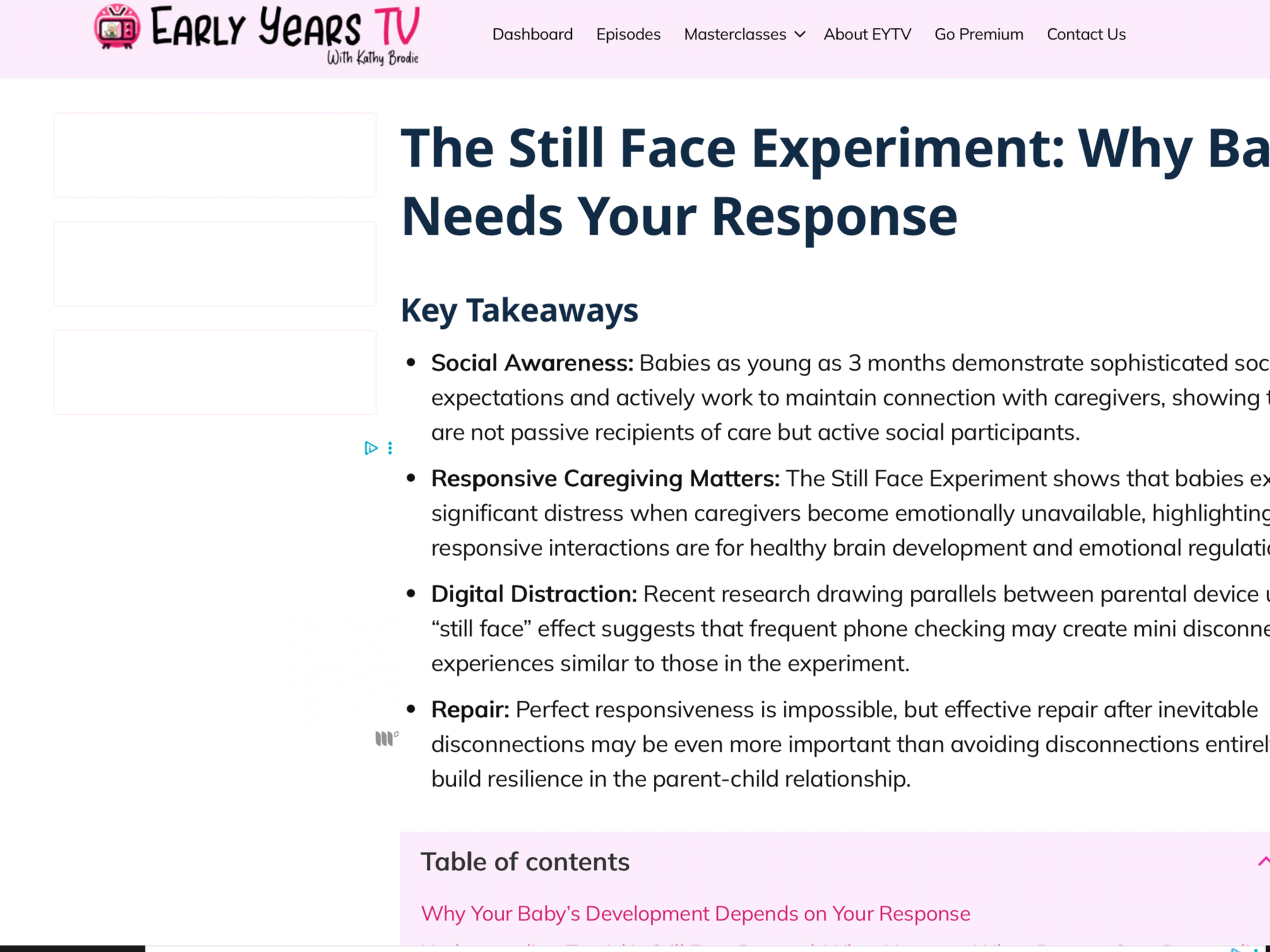 Screenshot of an online article titled "The Still Face Experiment: Why Babies Need Your Response" on the Early Years TV website, with a menu bar at the top and a pink and white color scheme.