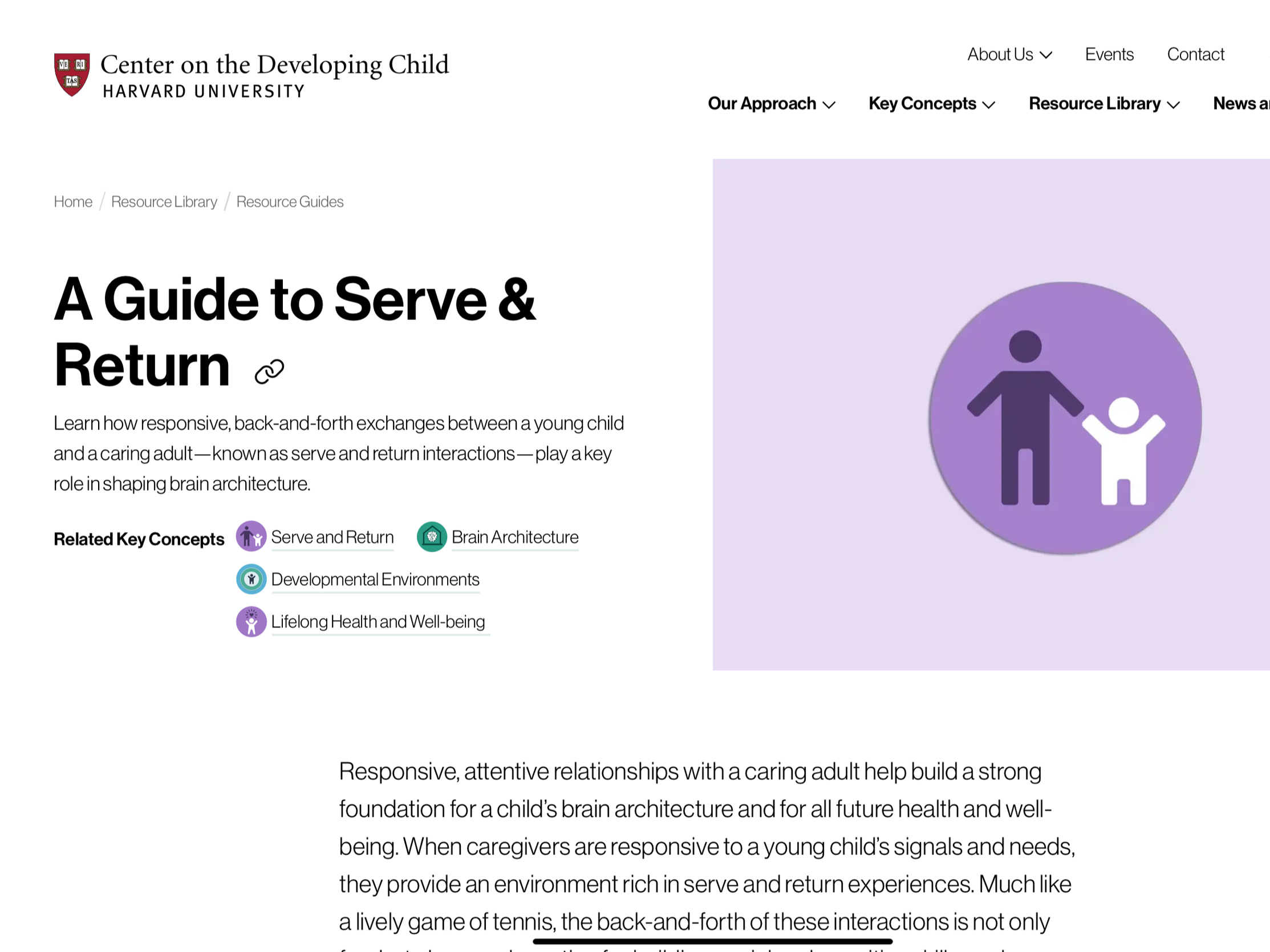 Website page titled 'A Guide to Serve & Return' from Harvard University's Center on the Developing Child, featuring a purple icon of a caregiver and child holding hands.