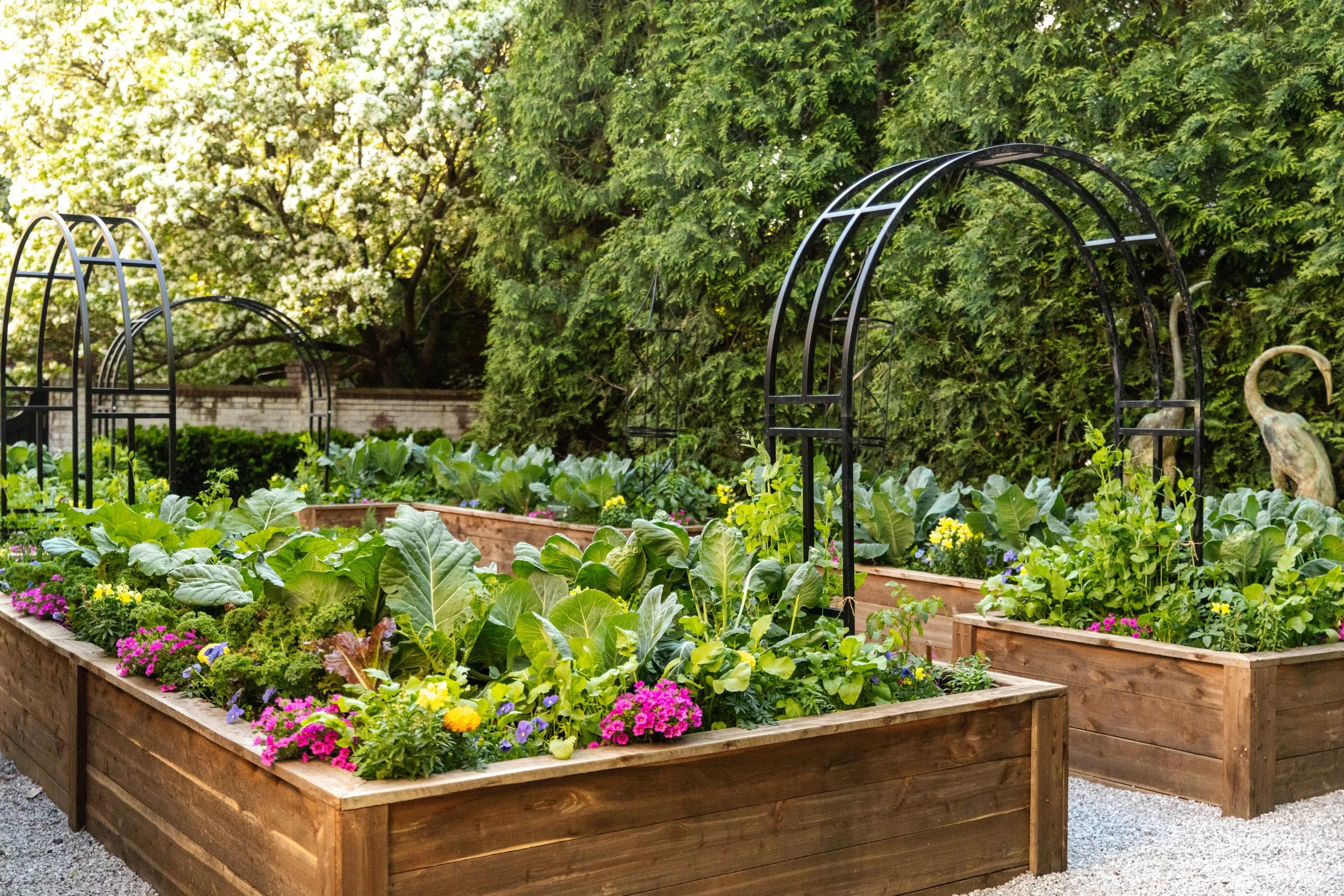 Raised garden beds filled with various leafy greens and flowering plants, with black metal arch supports in a backyard garden surrounded by trees.