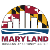Illustration of the Maryland Business Opportunity Center logo with a city skyline and Maryland flag colors.