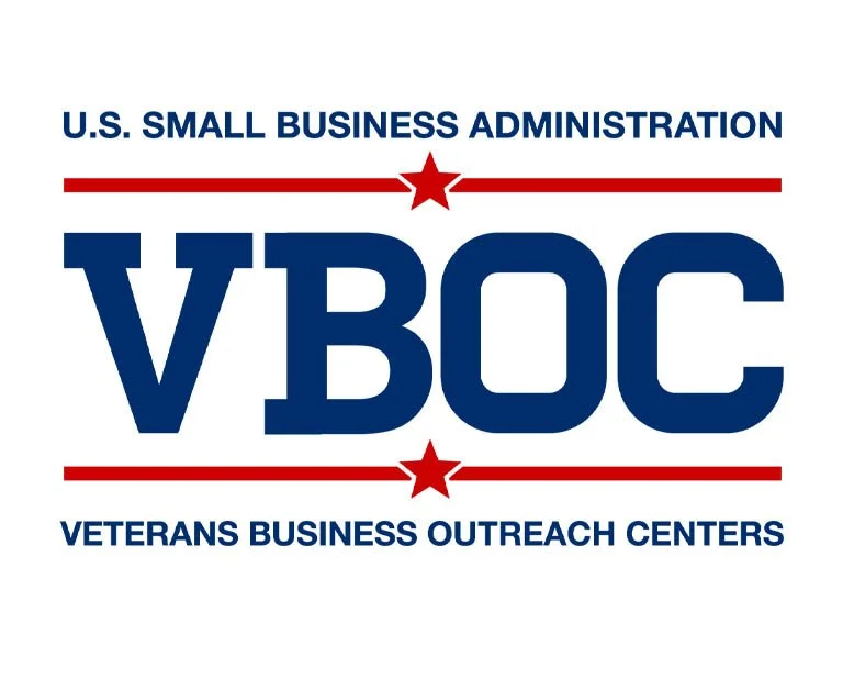 Logo of the Veterans Business Outreach Centers, part of the U.S. Small Business Administration, featuring large blue letters 'VBOC' with red stars and lines, and text above and below.