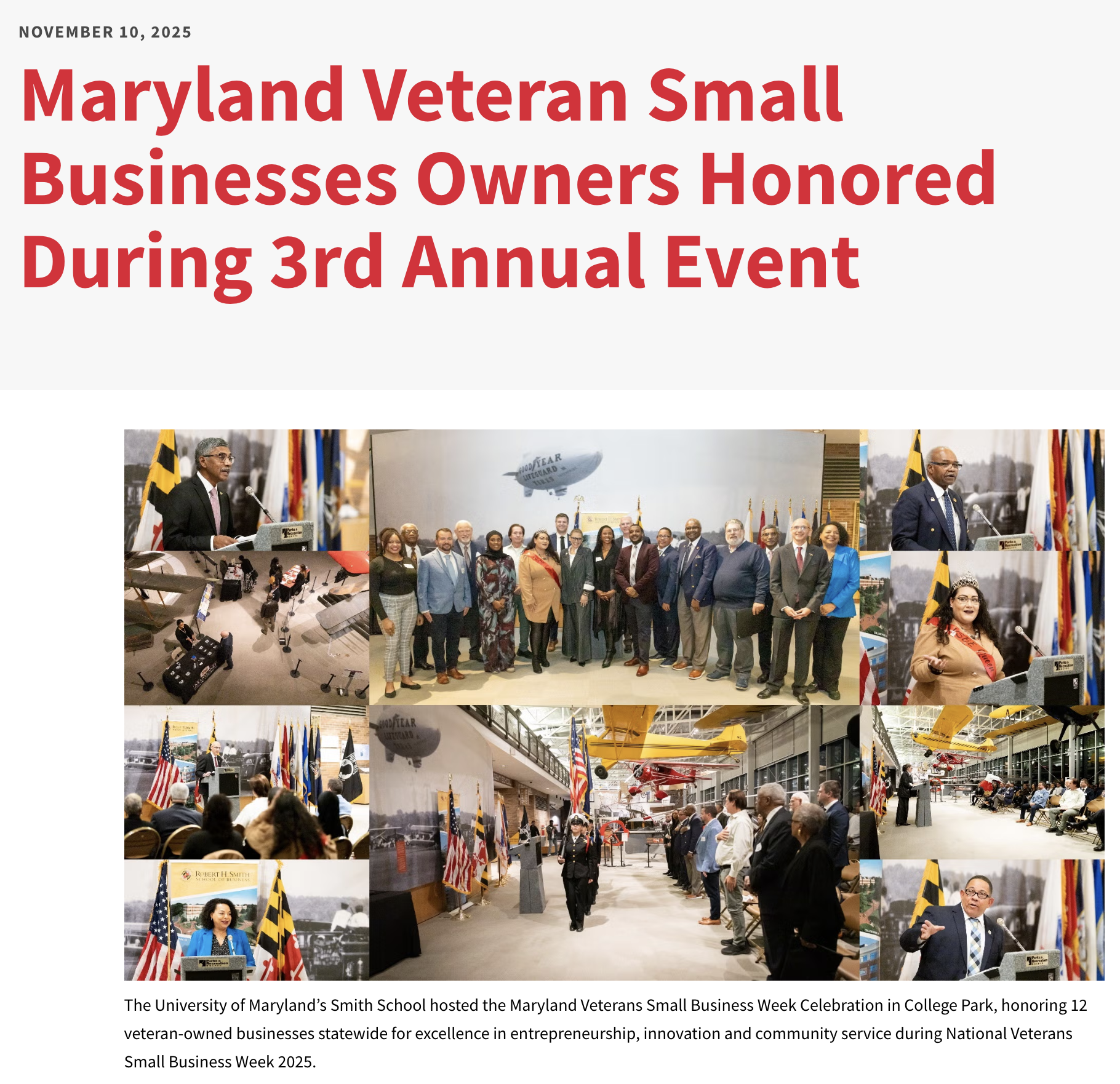 A collage of photos from the Maryland Veterans Small Business Week celebration at College Park, featuring speeches, group photos, and displays of aircrafts.