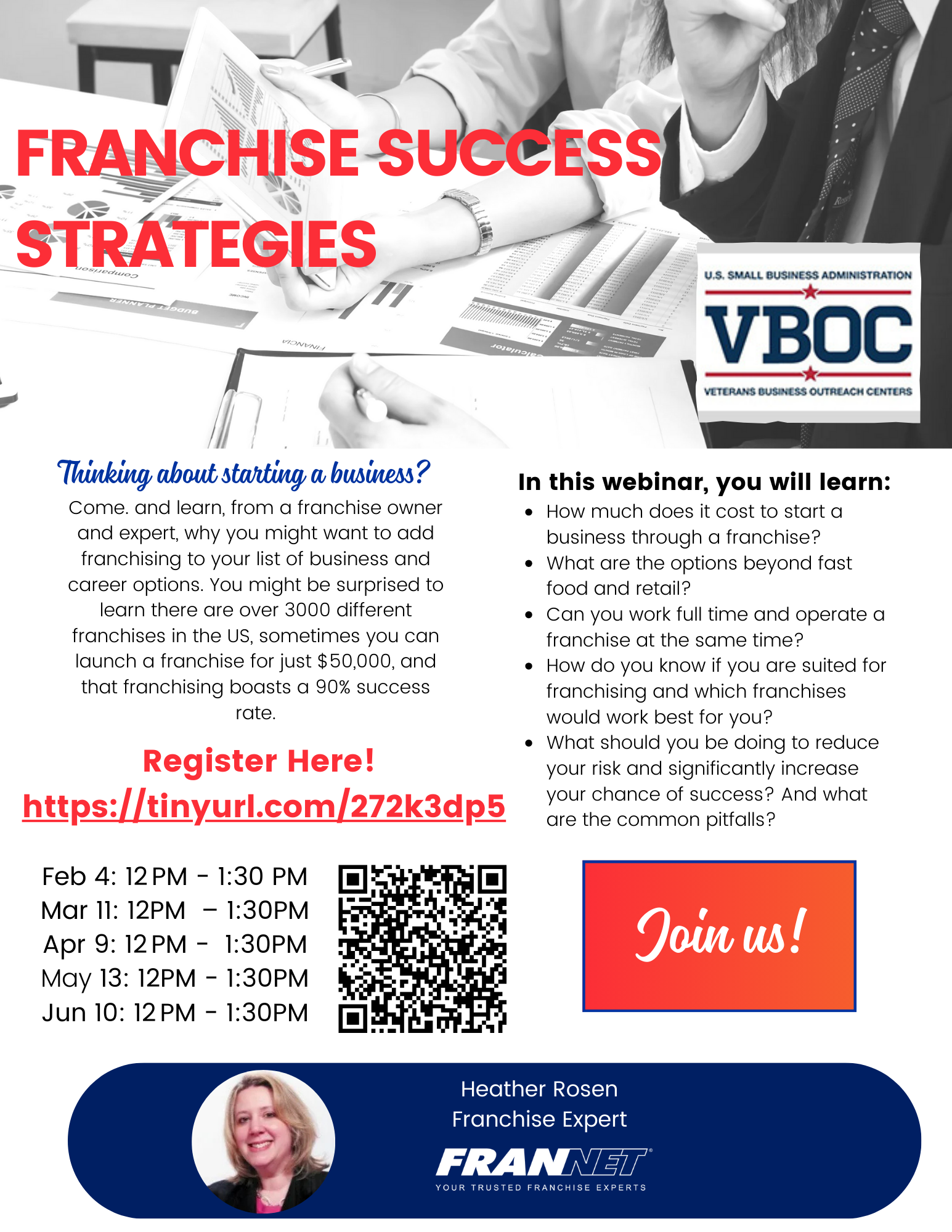 A promotional flyer advertising a webinar on franchise success strategies, featuring a black and white photo of three businesspeople working at a desk, with overlaid text about the webinar details and registration link, including a QR code and a speaker's photo at the bottom.