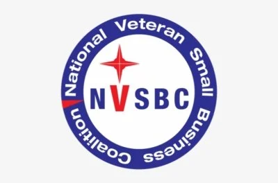 Circular logo for the National Veteran Small Business Coalition with red, white, and blue colors, featuring a star at the top and the acronym NVSBC in the center.