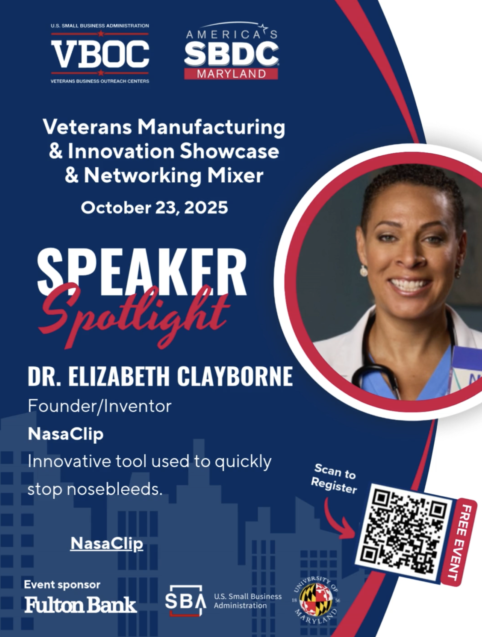 Flyer for the Veterans Manufacturing & Innovation Showcase & Networking Mixer held on October 23, 2025, featuring Dr. Elizabeth Clayborne as a speaker, with logos of U.S. Small Business Administration, Maryland, University of Maryland, and sponsors,