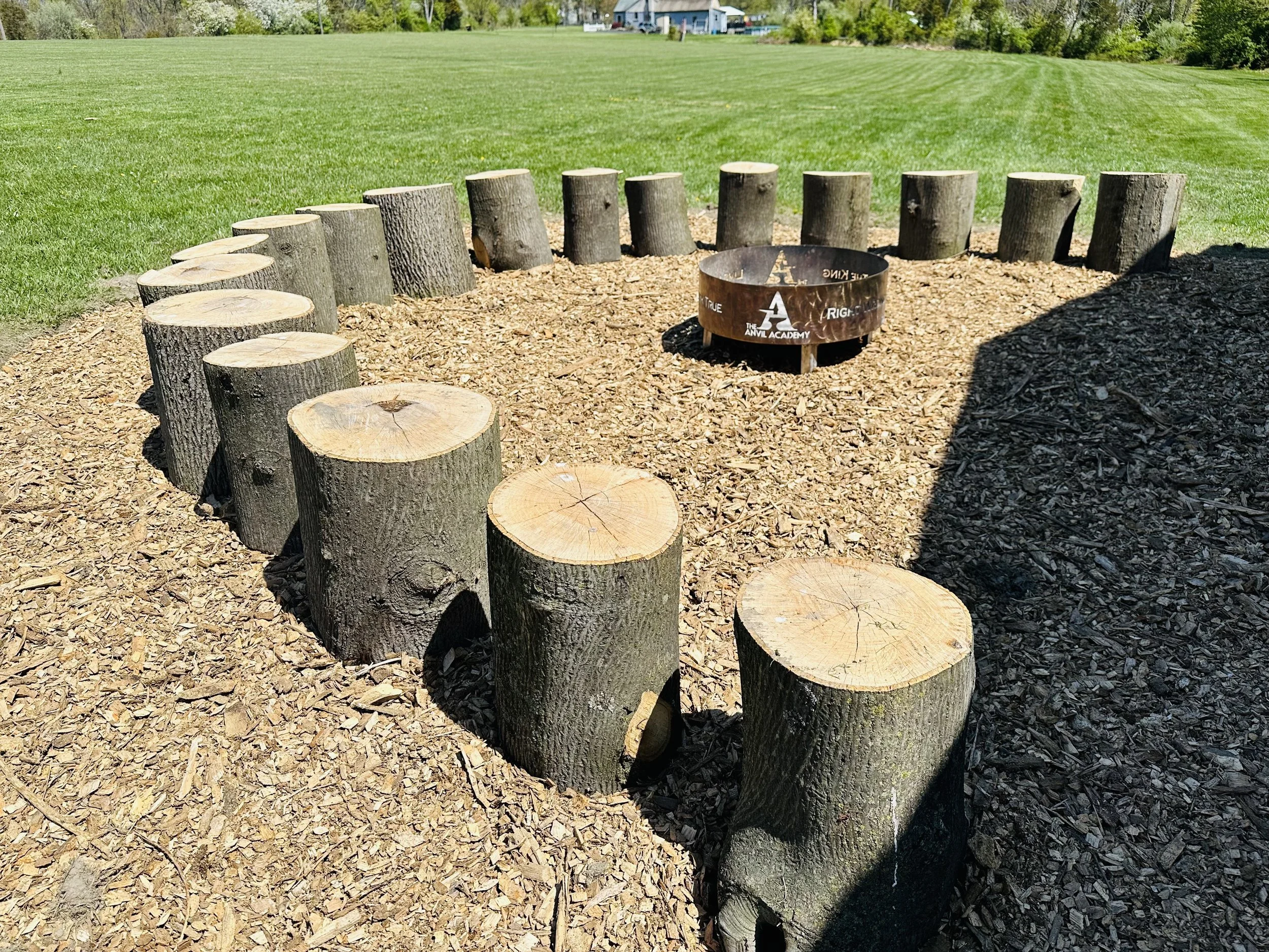 Outdoor fire pit area with a ring of cut tree stumps for seating and a metal fire ring in the center, surrounded by wood chips, in a grassy field with trees and houses in the background.