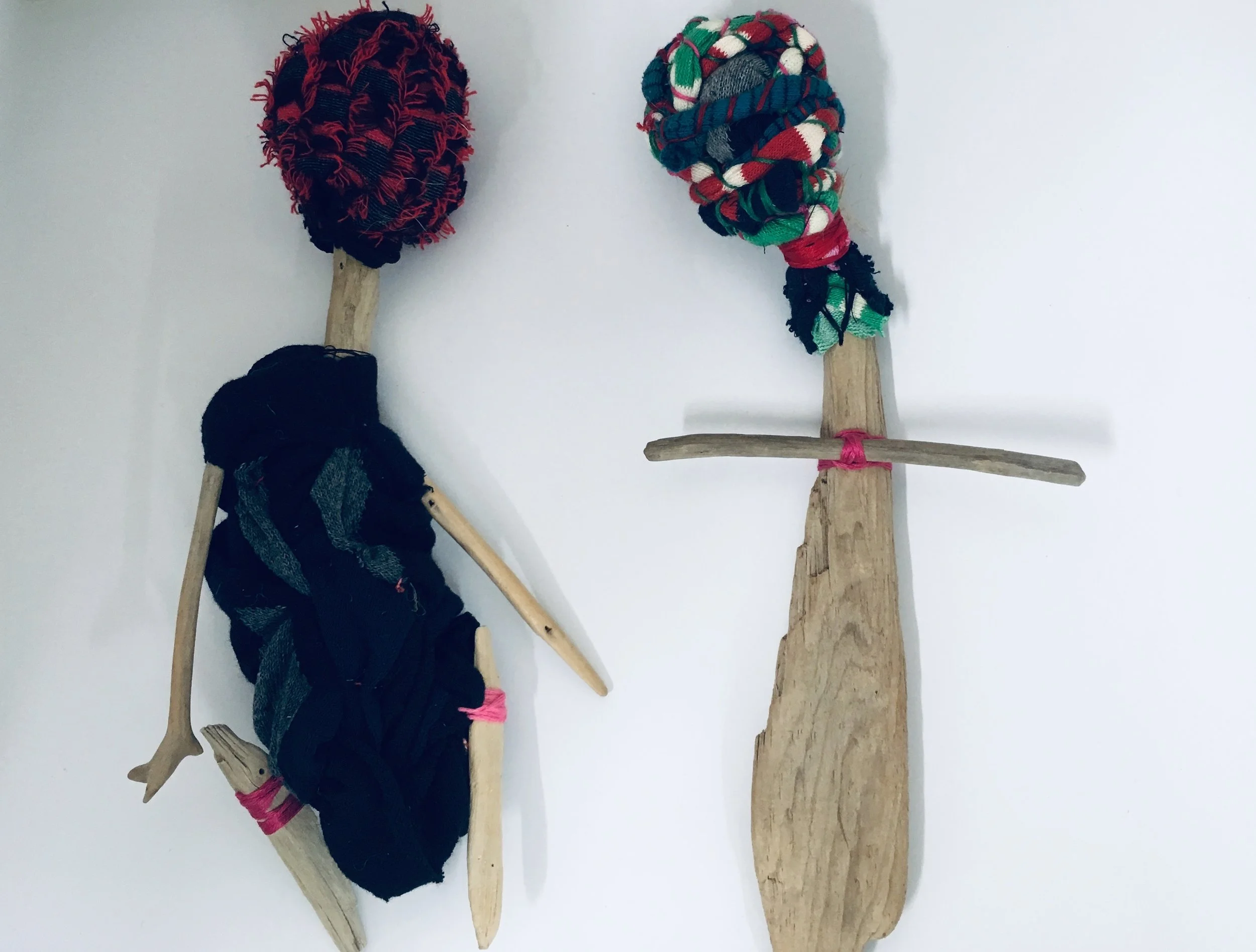 The Girl and the Boy, 2019. Reused textiles, driftwood, stitch.  Shortlisted for the inaugural Vlieseline Fine Art Textiles Award 
and exhibited at the Festival of Quilts, Birmingham and  the Knitting and Stitching Show, London and Harrogate, 2019-20