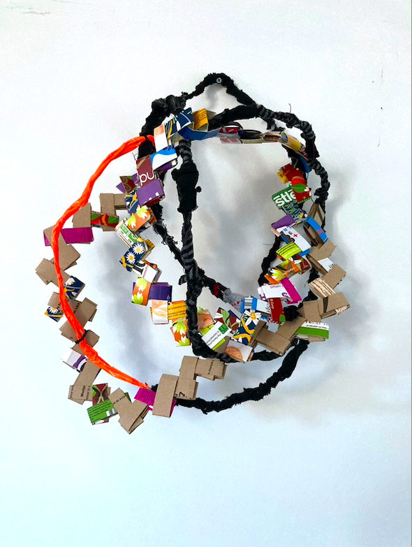 Untethered - Experiment 2022.  Cardboard, wire, fabric and gaffer tape. Nest Residency.