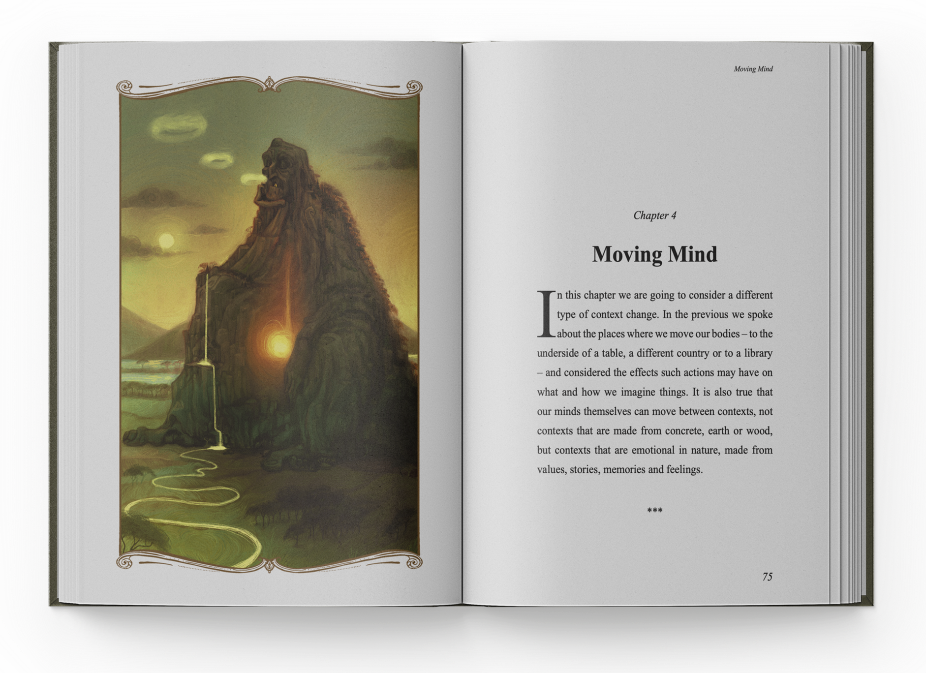 Open book showing a chapter titled "Moving Mind" with text on the right page and a painting of a mountain with a small waterfall and a glowing orb on the left page.