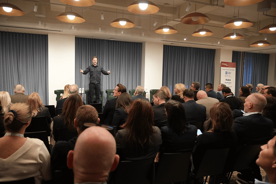 Blockskye co-CEO Brook Armstrong on stage at The Beat Live, December 2025