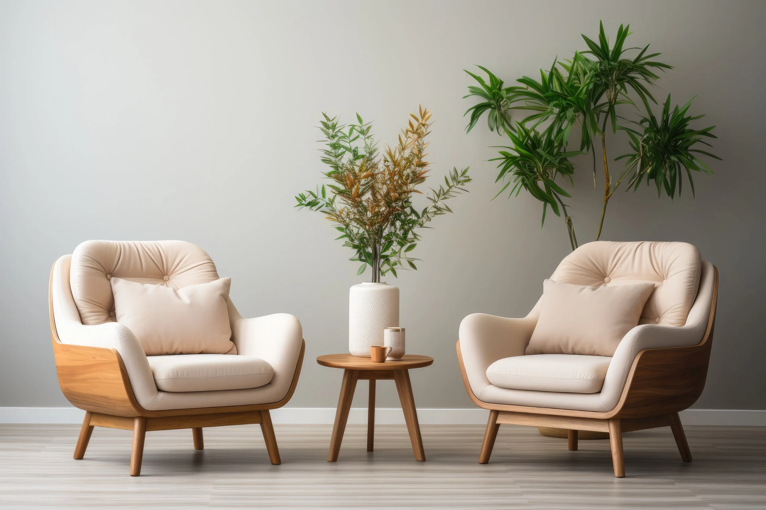 Two beige armchairs with matching pillows facing each other with a small wooden table between them, with potted plants behind, against a plain light gray wall.