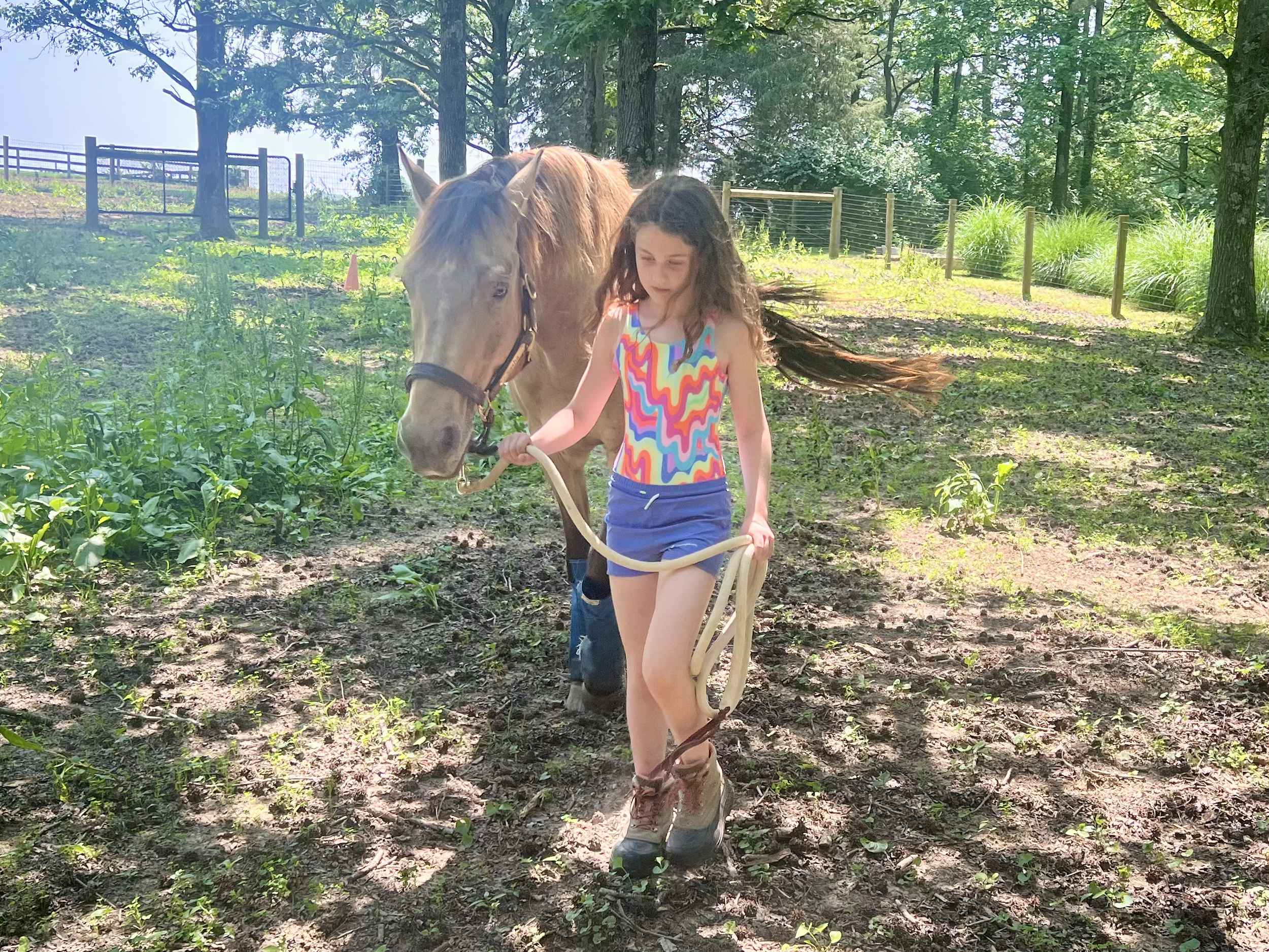 A young girl with long curly brown hair wearing a colorful sleeveless top and blue shorts holding a lead rope, walking a tan horse with a black collar in a wooded outdoor area on a sunny day.