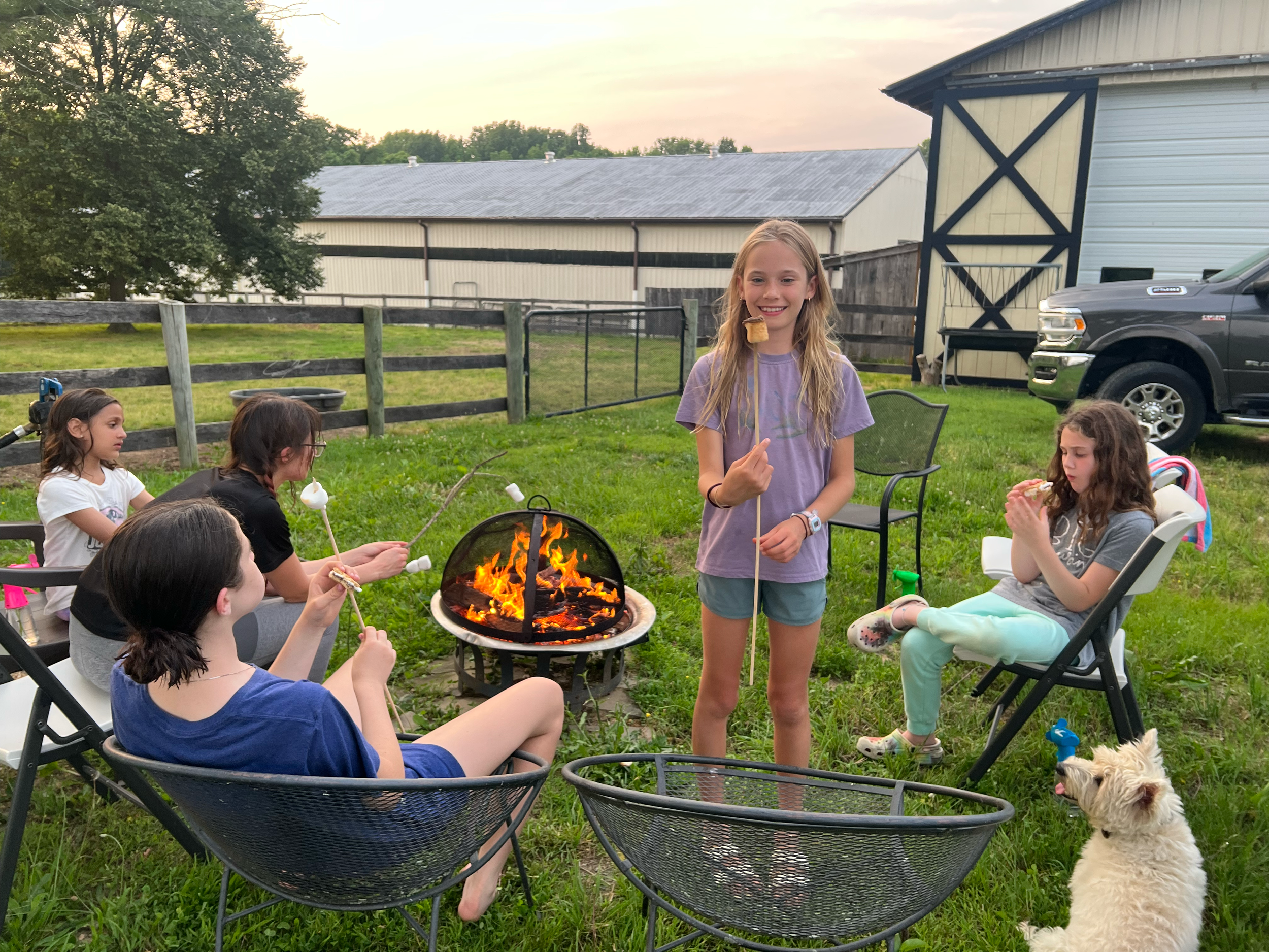 Group of children and a dog around a backyard fire pit at sunset, roasting marshmallows.