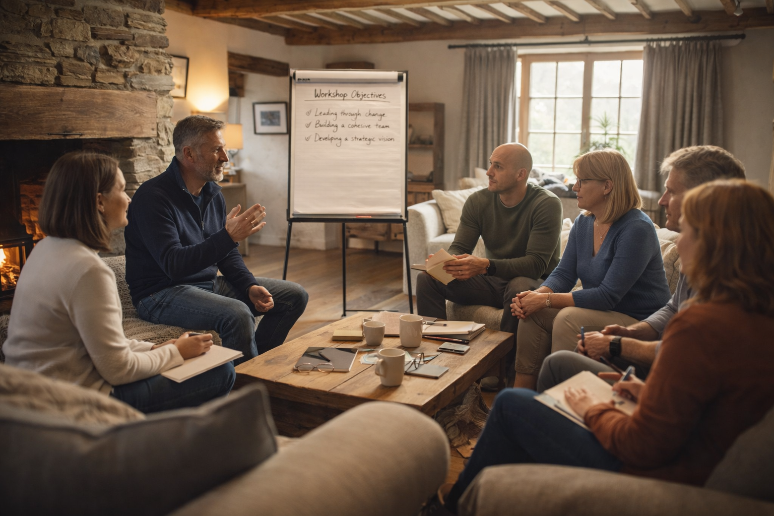 A group of six people gathered in a well-decorated room with blue walls and large windows. Four of them are standing and two are sitting, engaged in conversation or working on their laptops and phones. The room features elegant furniture, large decorative vases, a chandelier, and a mirror with a golden eagle above it.