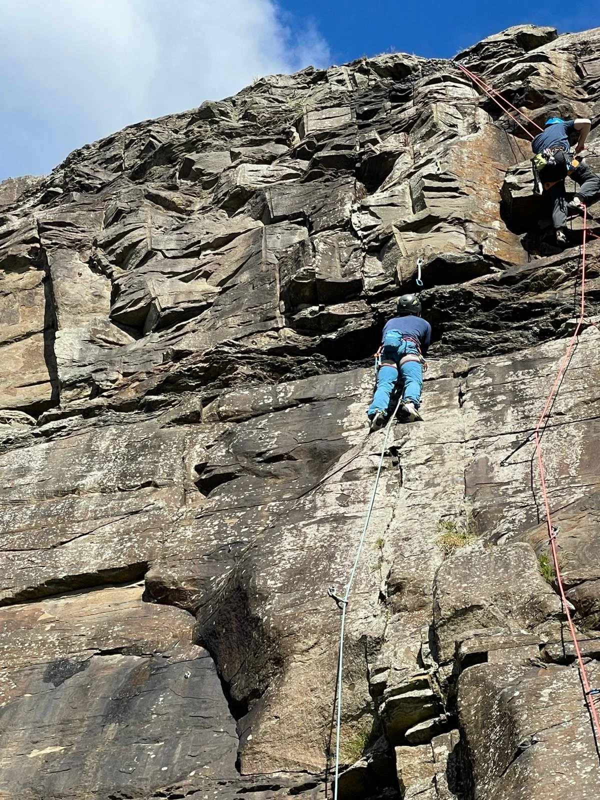 Group of people hiking on a mountain trail surrounded by green grass with snowy mountain peaks in the background.