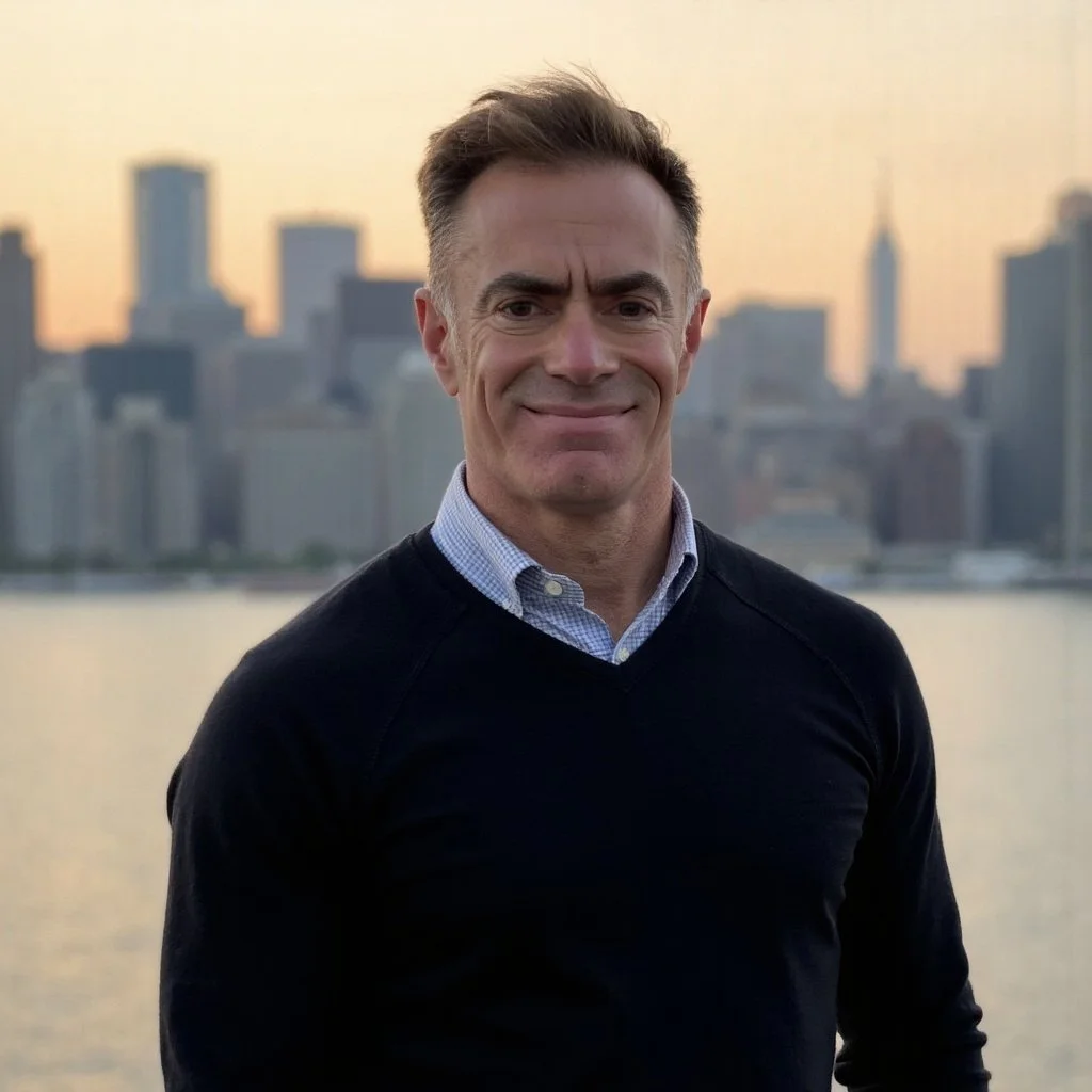 A smiling man standing outdoors with a city skyline in the background at sunset.