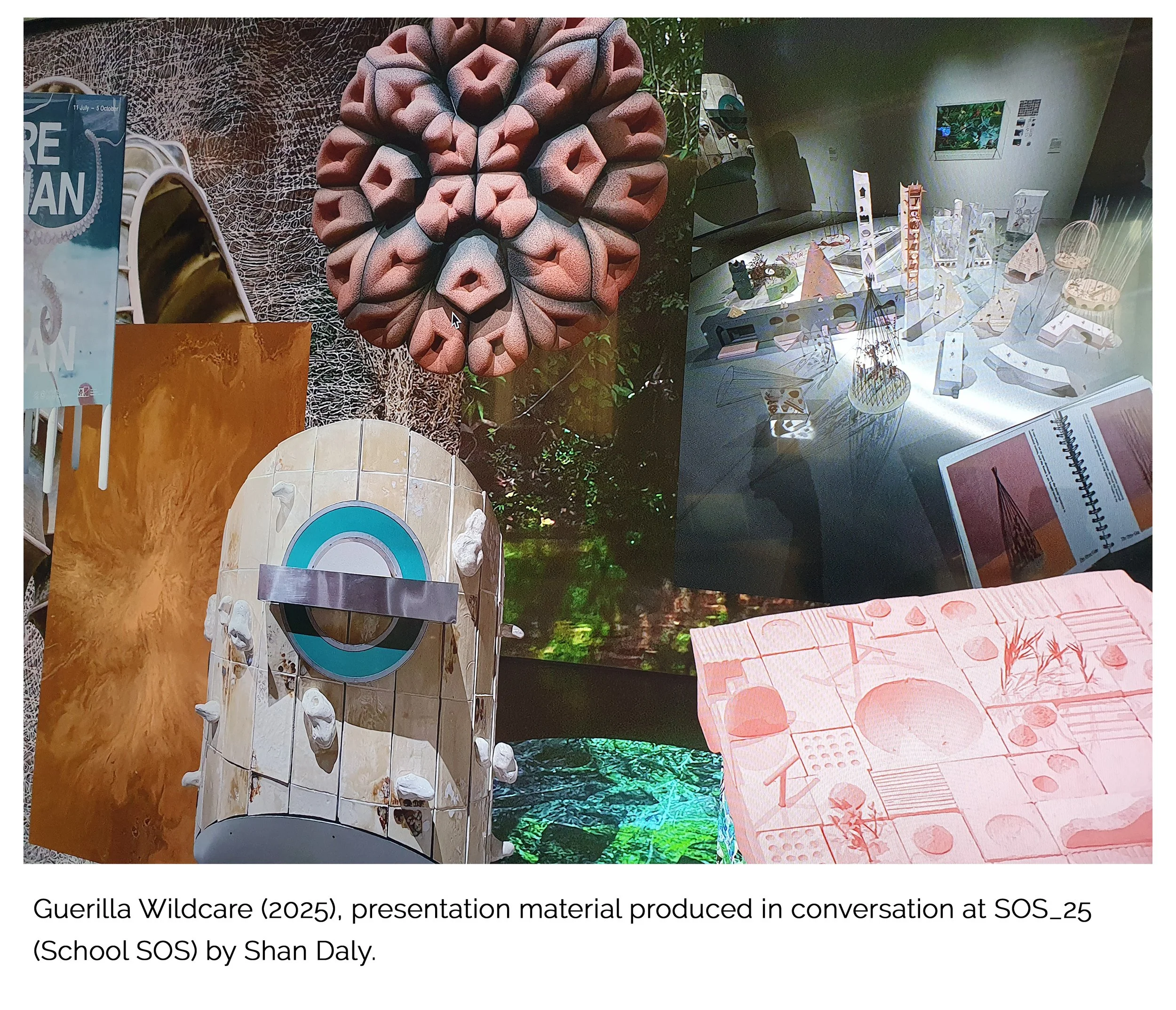 Display of various artistic and architectural models, sketches, and sculptures, including a rock climbing hold structure, a wooden model with a target symbol, and a pink structure with a grid pattern.