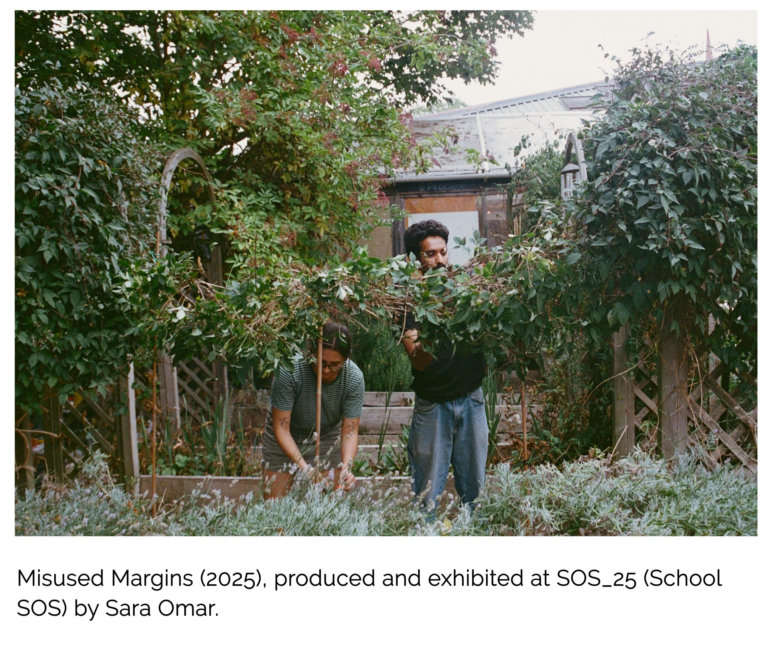Two people working in a lush garden, surrounded by green plants and trees, with a greenhouse in the background.