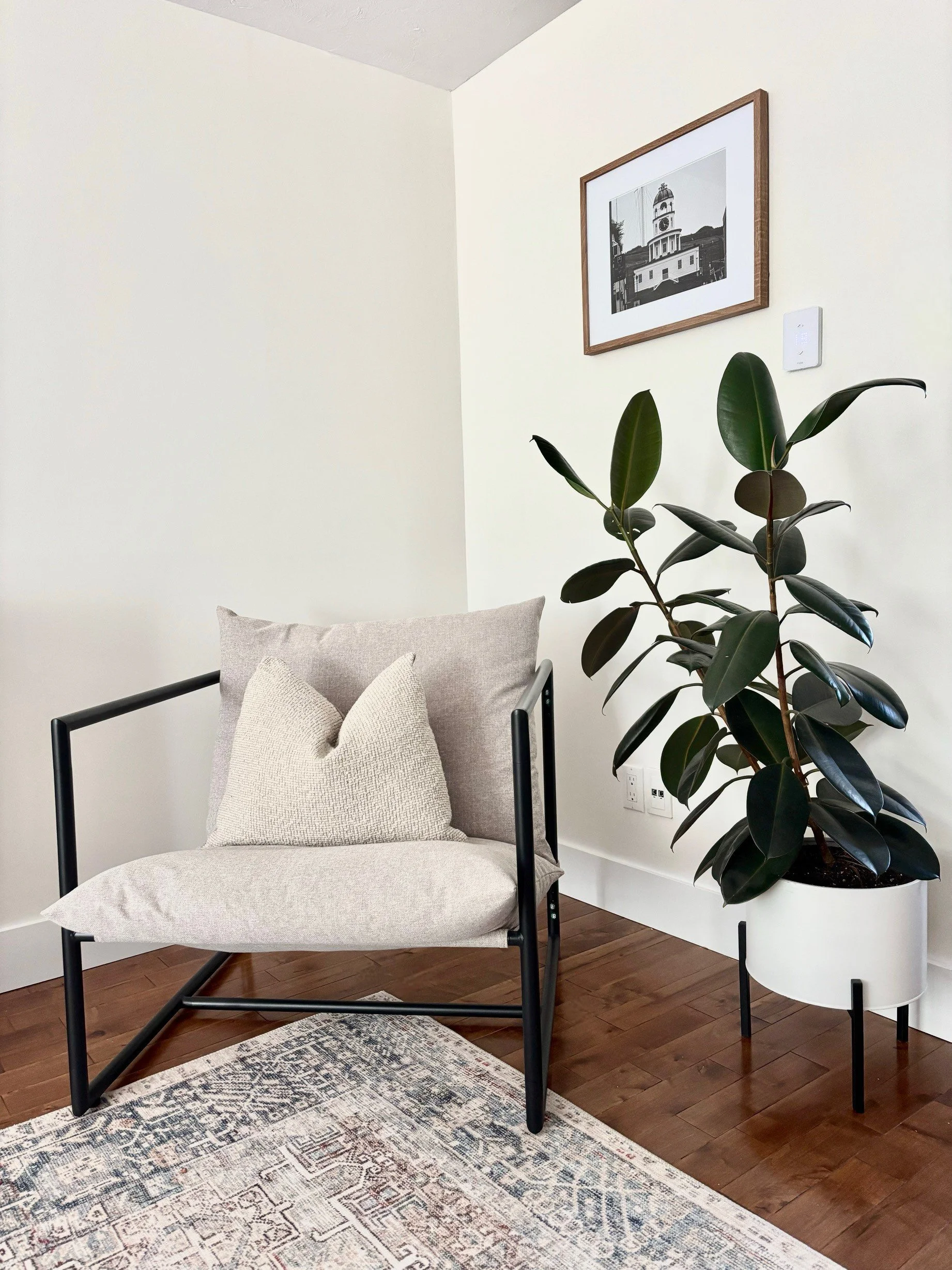 A cozy corner with a beige armchair with a metal frame, layered with beige and textured pillows, next to a tall potted plant with dark green glossy leaves in a modern white planter with black legs, a framed black-and-white photograph of a building hung on a white wall, and a patterned rug on hardwood flooring.