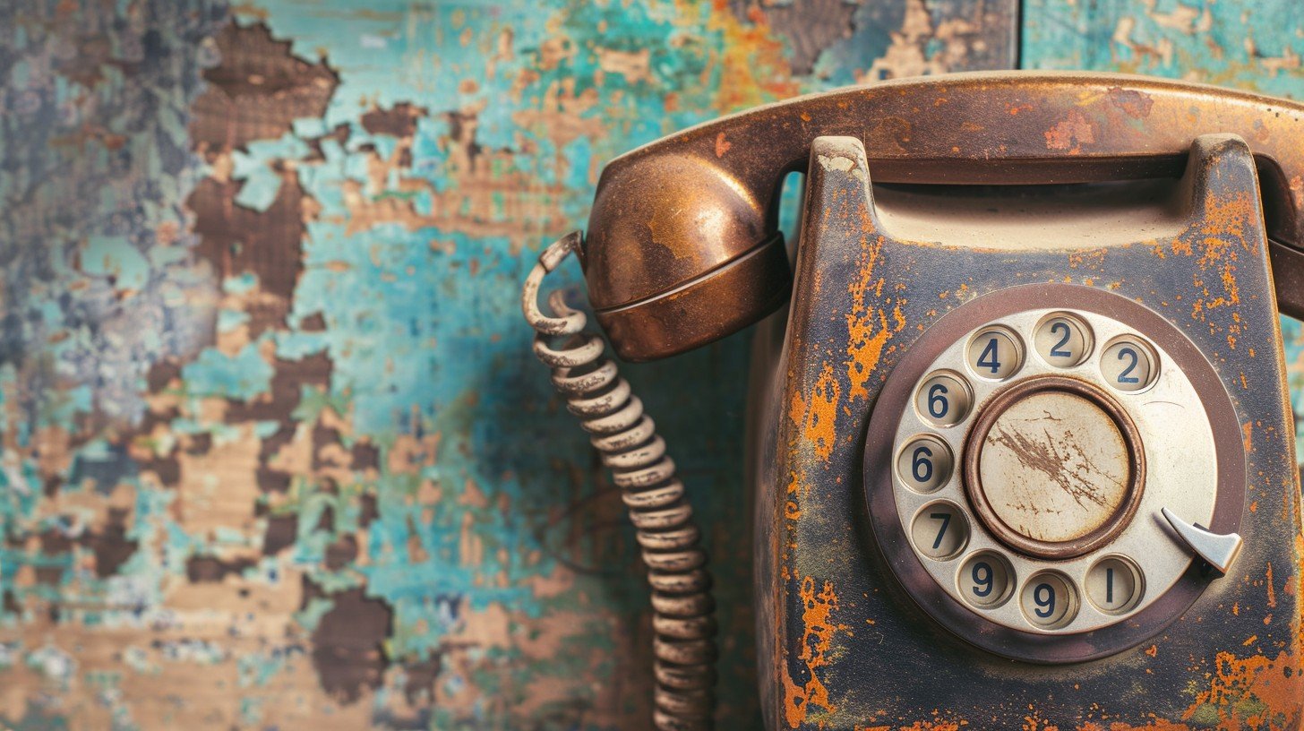 Old, rusty rotary telephone on a worn, chipped turquoise wall.