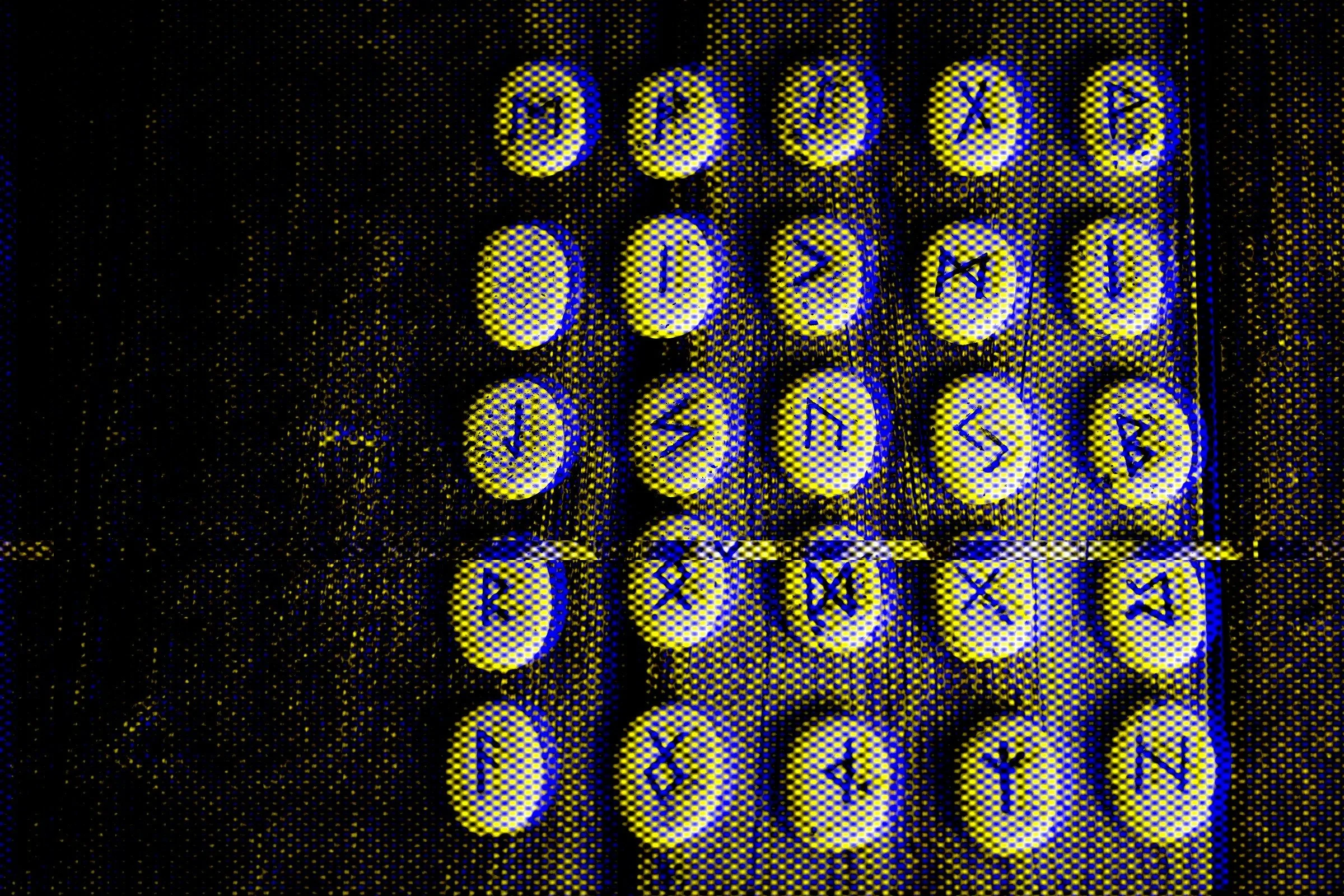 Close-up of a vintage electric typewriter with round keys illuminated against a dark background.