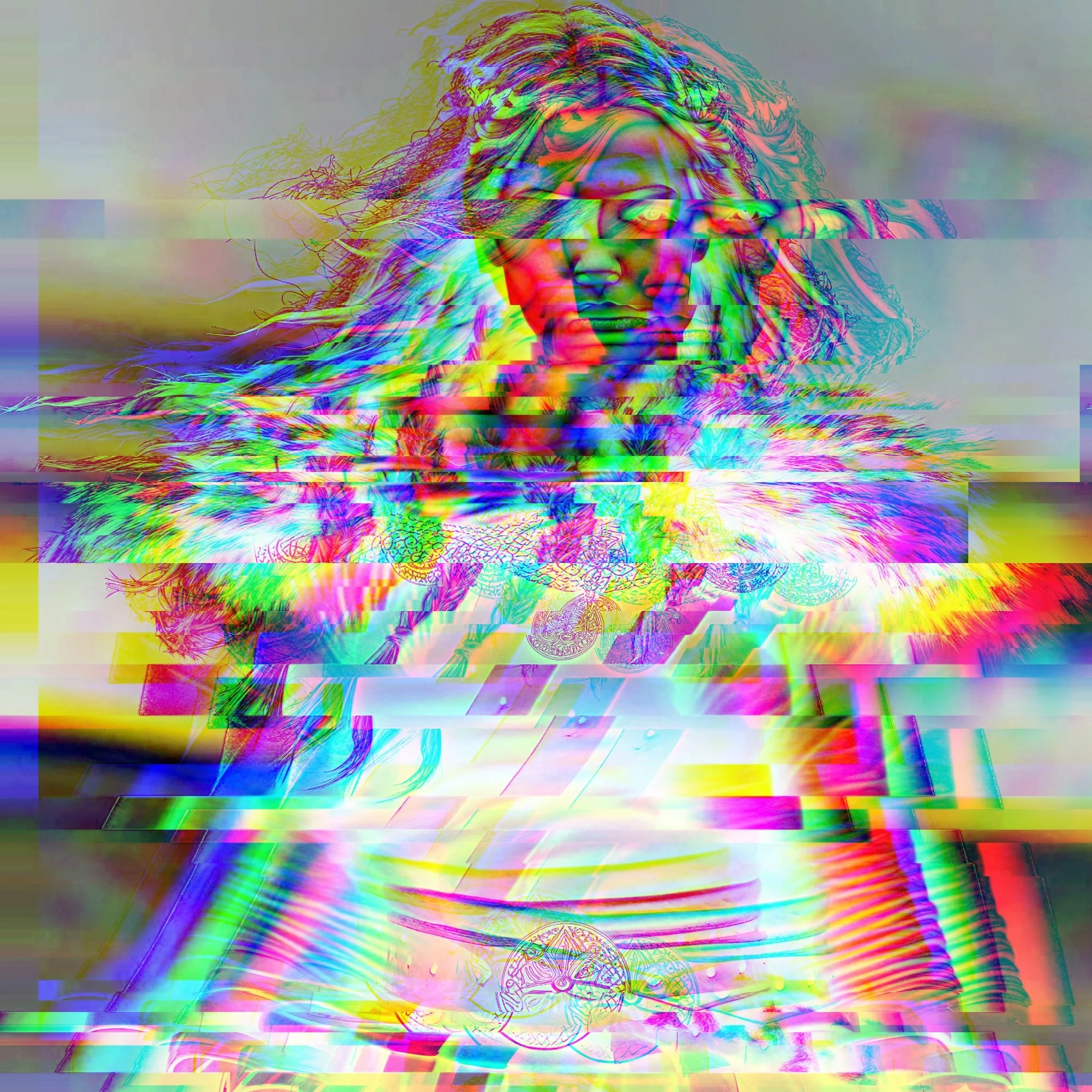 A distorted, glitchy image with multicolored streaks and lines overlapping a faint outline of a human face, possibly mimicking a digital or electronic malfunction.