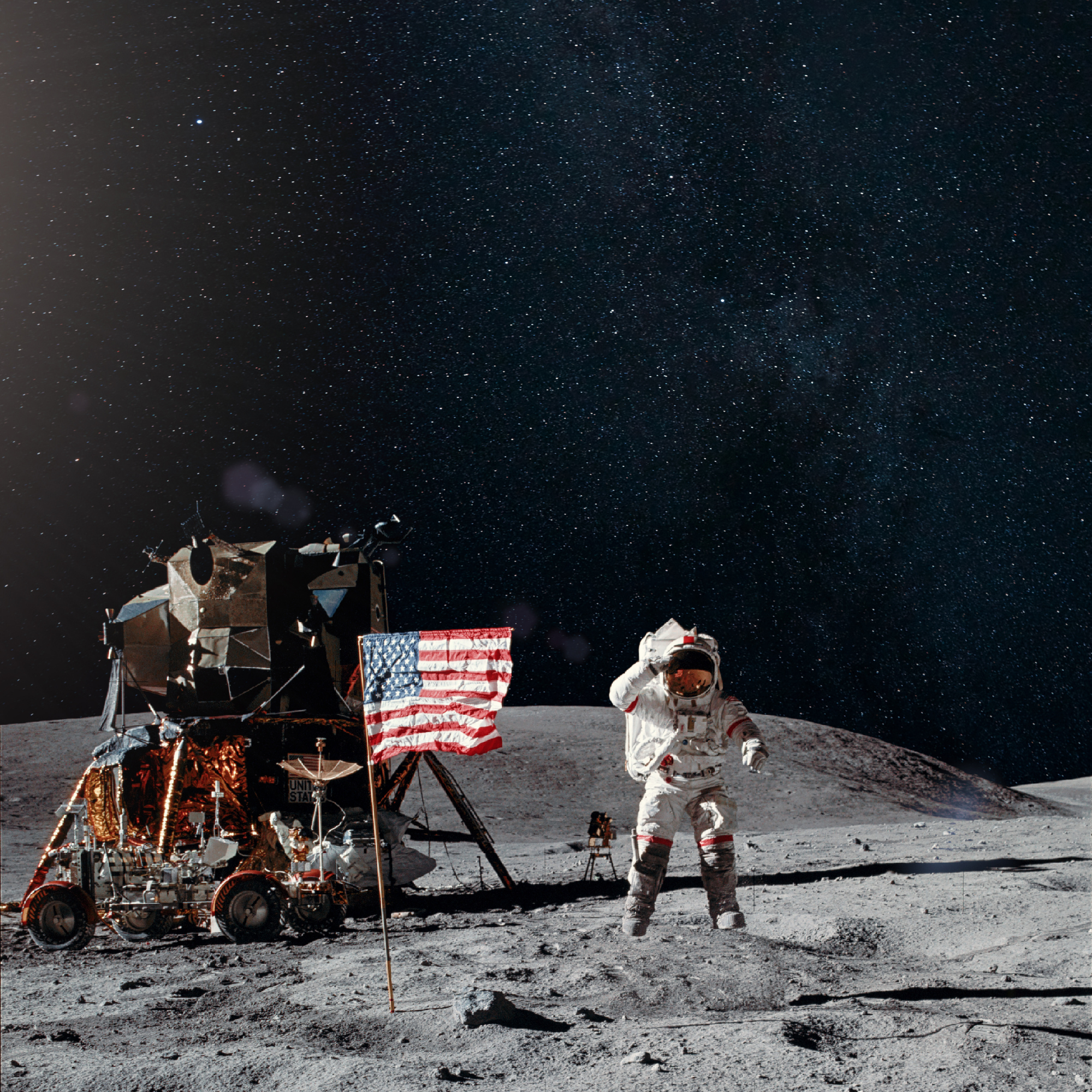 An astronaut in a spacesuit standing on the surface of the moon near a lunar module with an American flag. The starry sky is visible in the background.