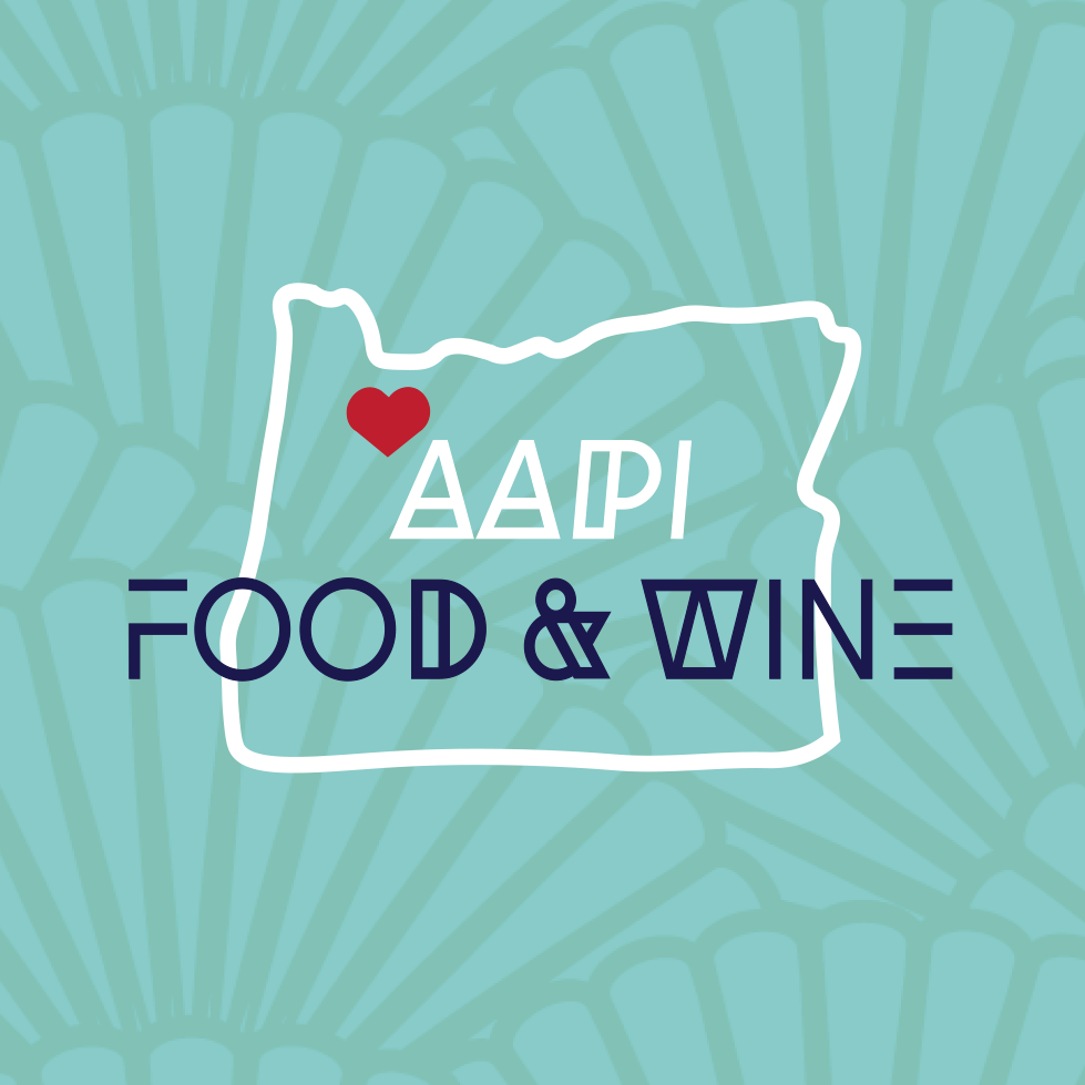 Logo for AAPI Food & Wine event featuring an outline map of Hawaii with a red heart and the text 'AAPI FOOD & WINE' over a teal background with a palm leaf pattern.