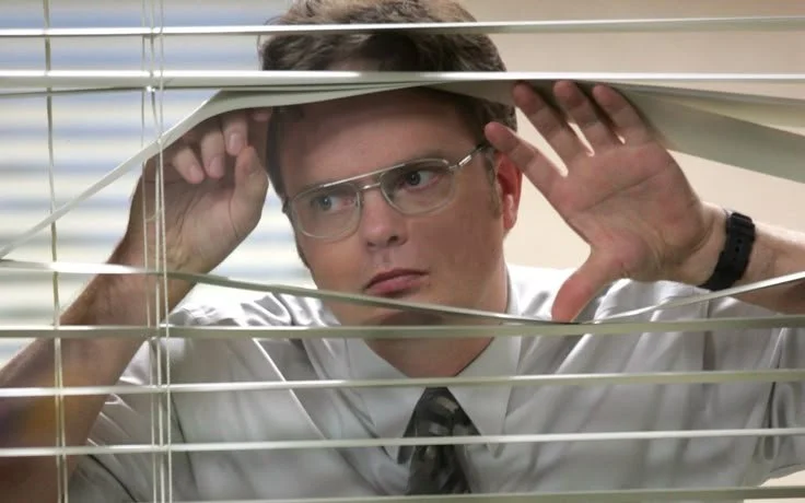 Rainn Wilson as Dwight Schrute peering through office blinds in The Office.