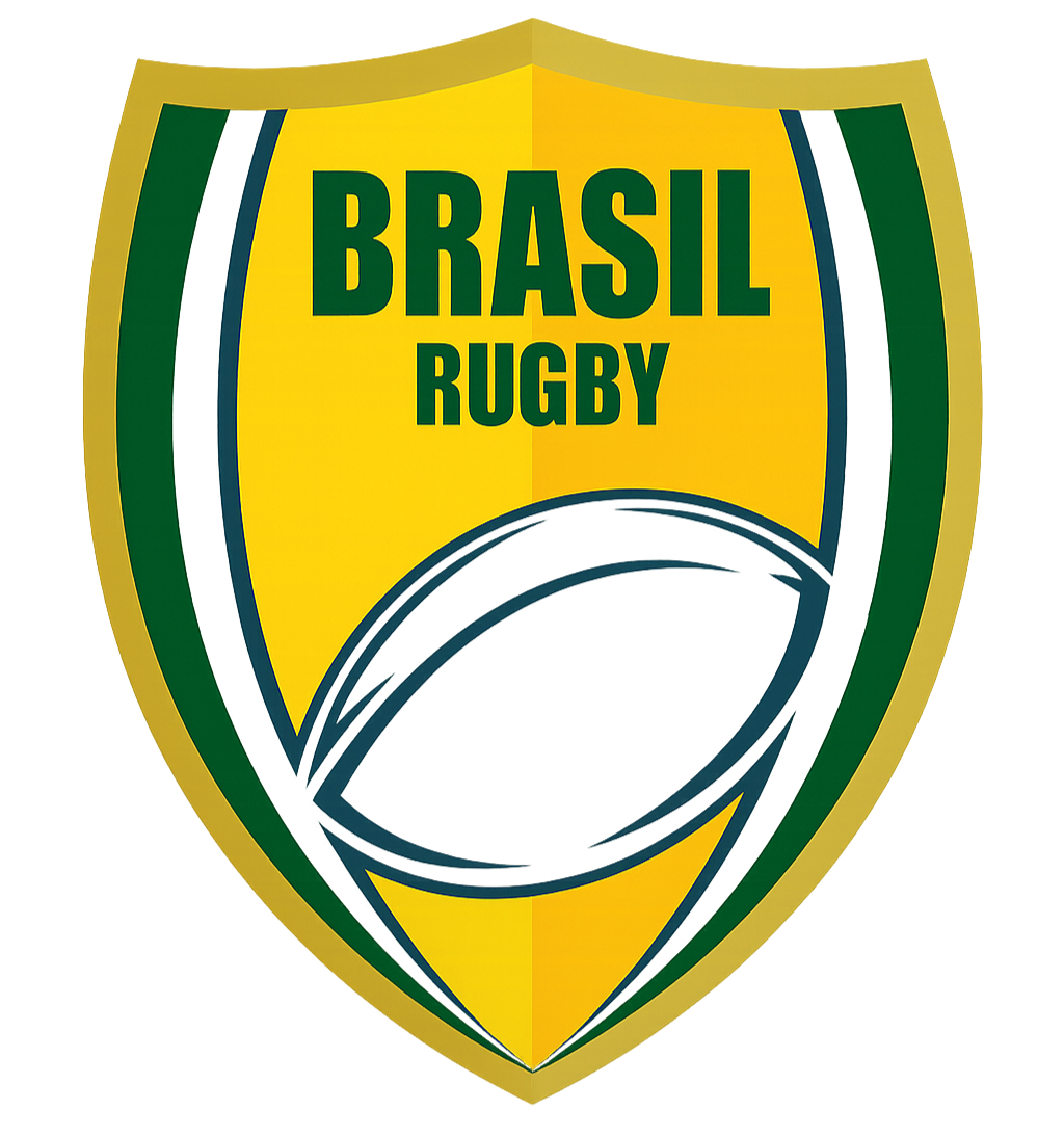 The emblem of the Brazil national rugby team, featuring yellow and green colors and text that reads 'Brasil Rugby'.
