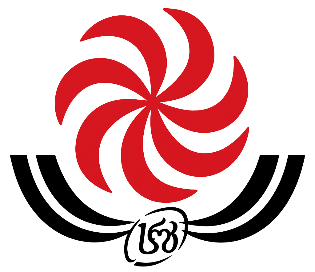 Red swirling pattern on a black background with a subtle emblem below it.