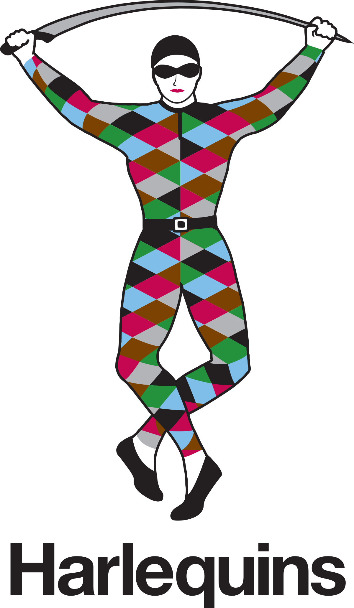 A stylized illustration of a person in a colorful, diamond-patterned harlequin costume, holding a sword above their head, with their legs crossed and wearing black shoes. The background is black, and the word "Harlequins" is written below in black text.
