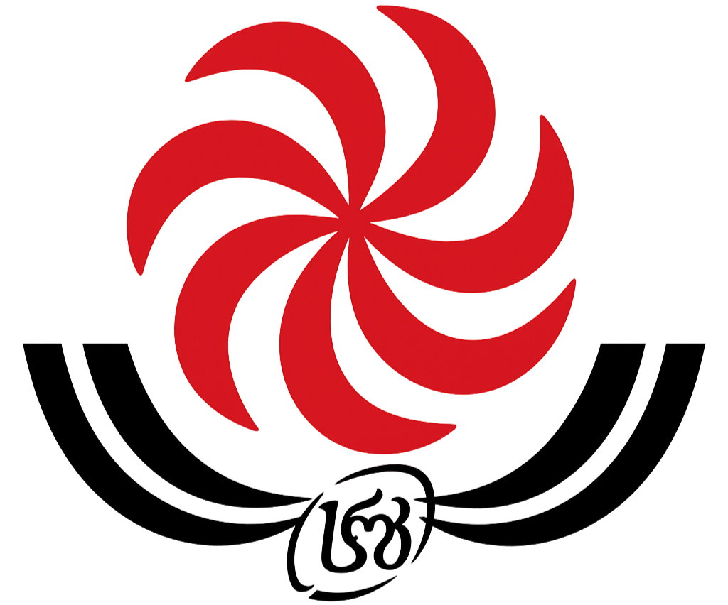 A red pinwheel design with a black om symbol beneath it on a black background.